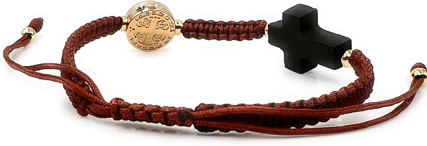 LESLIE BOULES Ligth Brown Thread Bracelet for Women with Gold Plated Saint Benedict Round Connector & Genuine Azabache Cross - Image 6