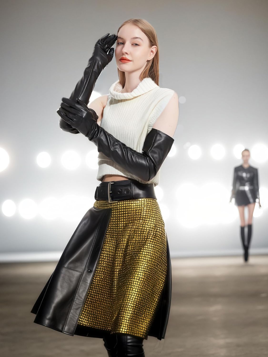 Long Leather Gloves For Women Soft Lambskin Opera Vintage Style Black Genuine Sheep Leather Above Elbow Gloves - Image 5