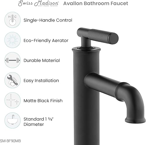 Miniatura 6 de Swiss Madison Well Made Forever SM-BF90MB Avallon - Grifo de baño con un solo agujero, mango simple, color negro mate