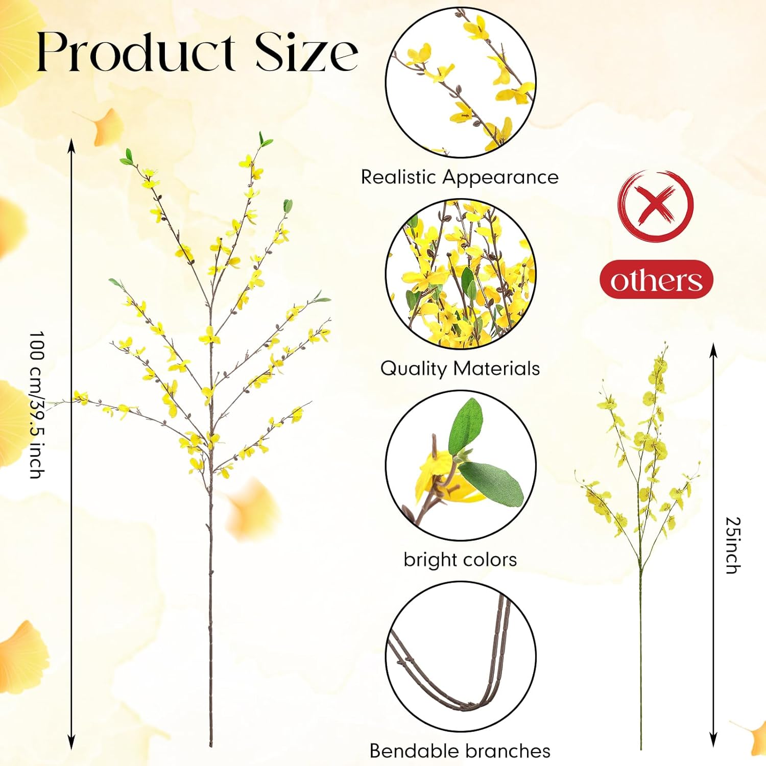 XunYee 12 PCS Fake Forsythia Long Stems 39.5" Artificial Forsythia Branches Yellow Forsythia Branches Artificial Orchids Flower Branches Faux Forsythia Stems for Home Wedding Indoor Outdoor Decoration - Image 3