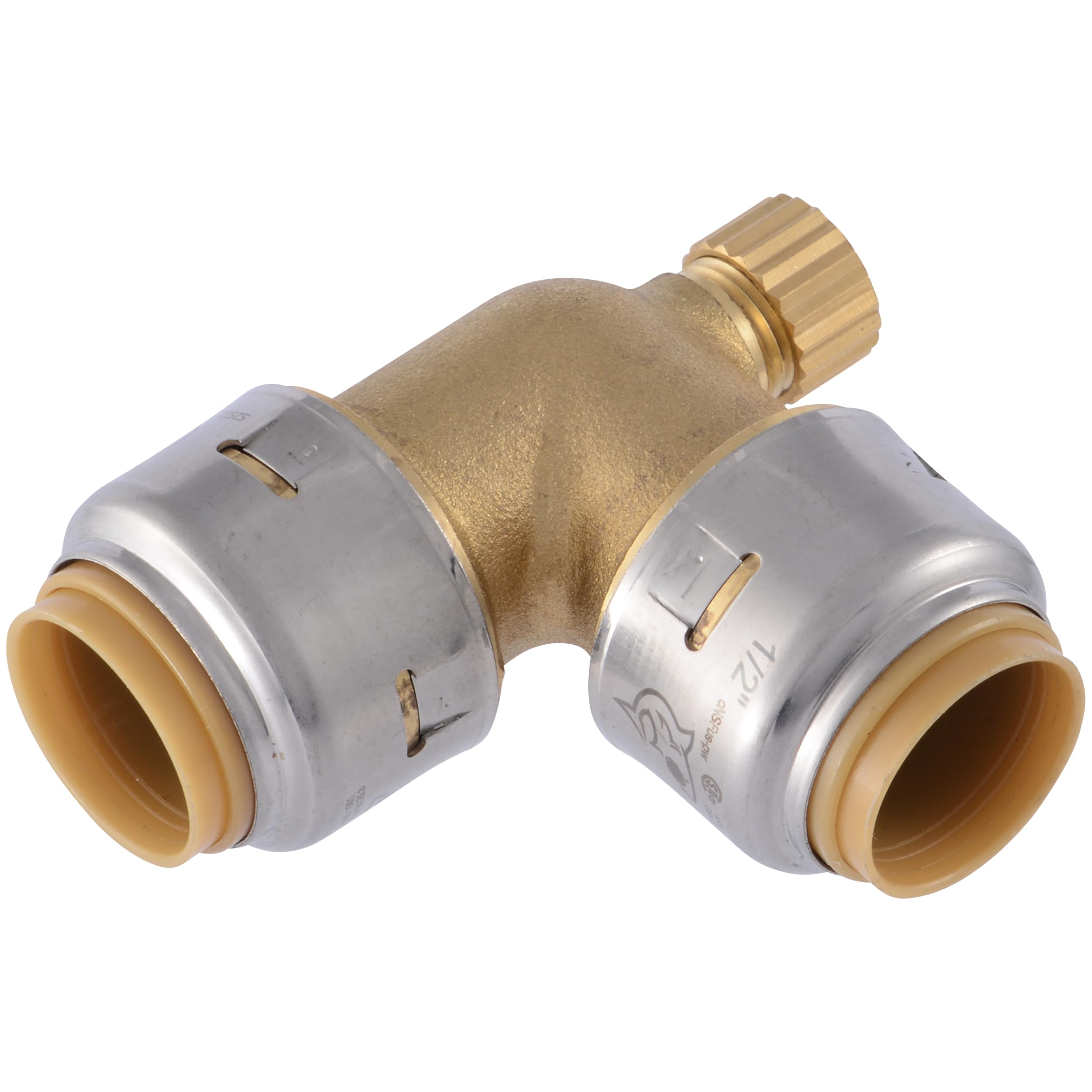 SharkBite Max 1/2 Inch 90 Degree Elbow with Drain Vent, Push to Connect Brass Plumbing Fitting, PEX Pipe, Copper, CPVC, PE-RT, HDPE, UR5248A