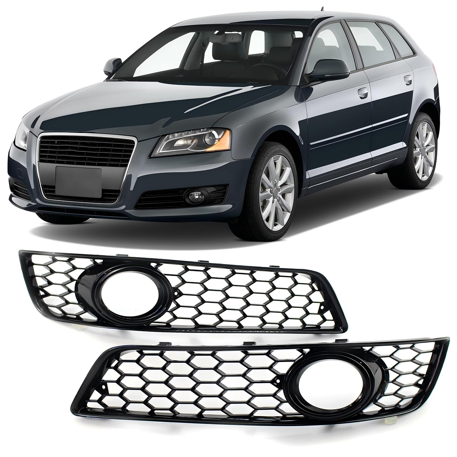 Griglia paraurti anteriore con luce fendinebbia in stile nido d'ape, nero lucido, compatibile con Audi A3 8P 2008-2012, solo paraurti standard, lato sinistro e destro