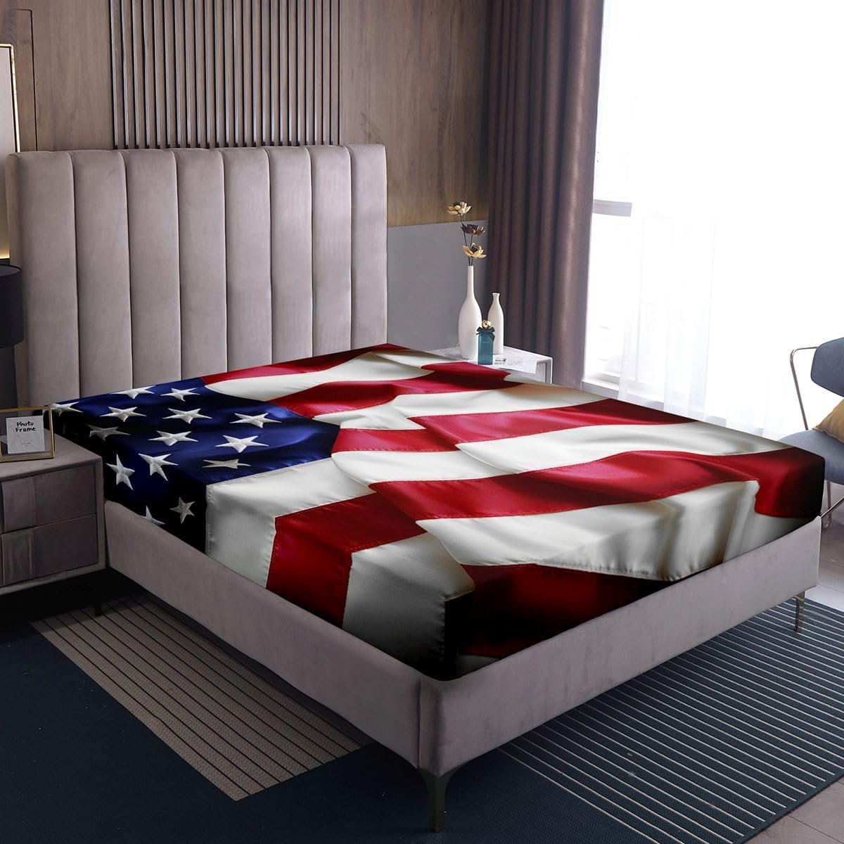 United States Fitted Sheet American Flag Blue Red Printing Bedding Set for Kids Teens Adult USA Federations Stars Stripe Fitted Bed Sheet TwinXL Size 1 Fitted Sheet with 1 Pillow Case(No Top Sheet)
