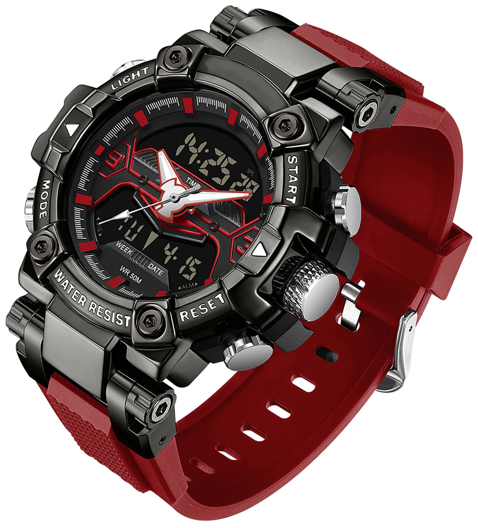 findtime Digital Herren Uhr Analog Armbanduhr für Männer Doppelanzeige Digitaluhr Schwarz Stoßfeste Sportuhr Uhren mit Stoppuhr LED Beleuchtung Alarm Datum Anzeige