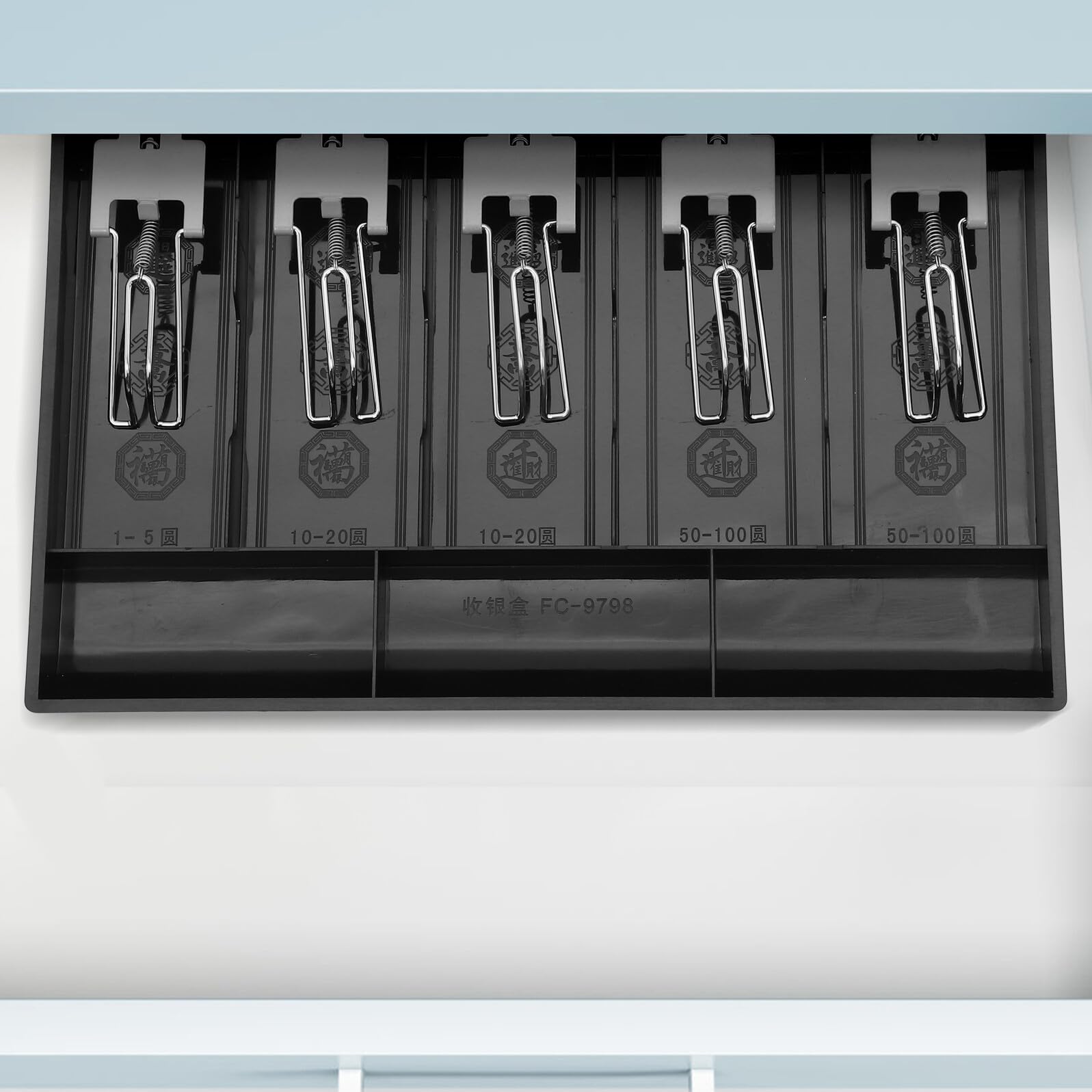 Baluue Bargeldinhaber mit Münzfach und Drei Scheinfächern aus Abs und Metall Kassenschale für Laden mit Geldklammern und Mehreren Fächern in Schwarz