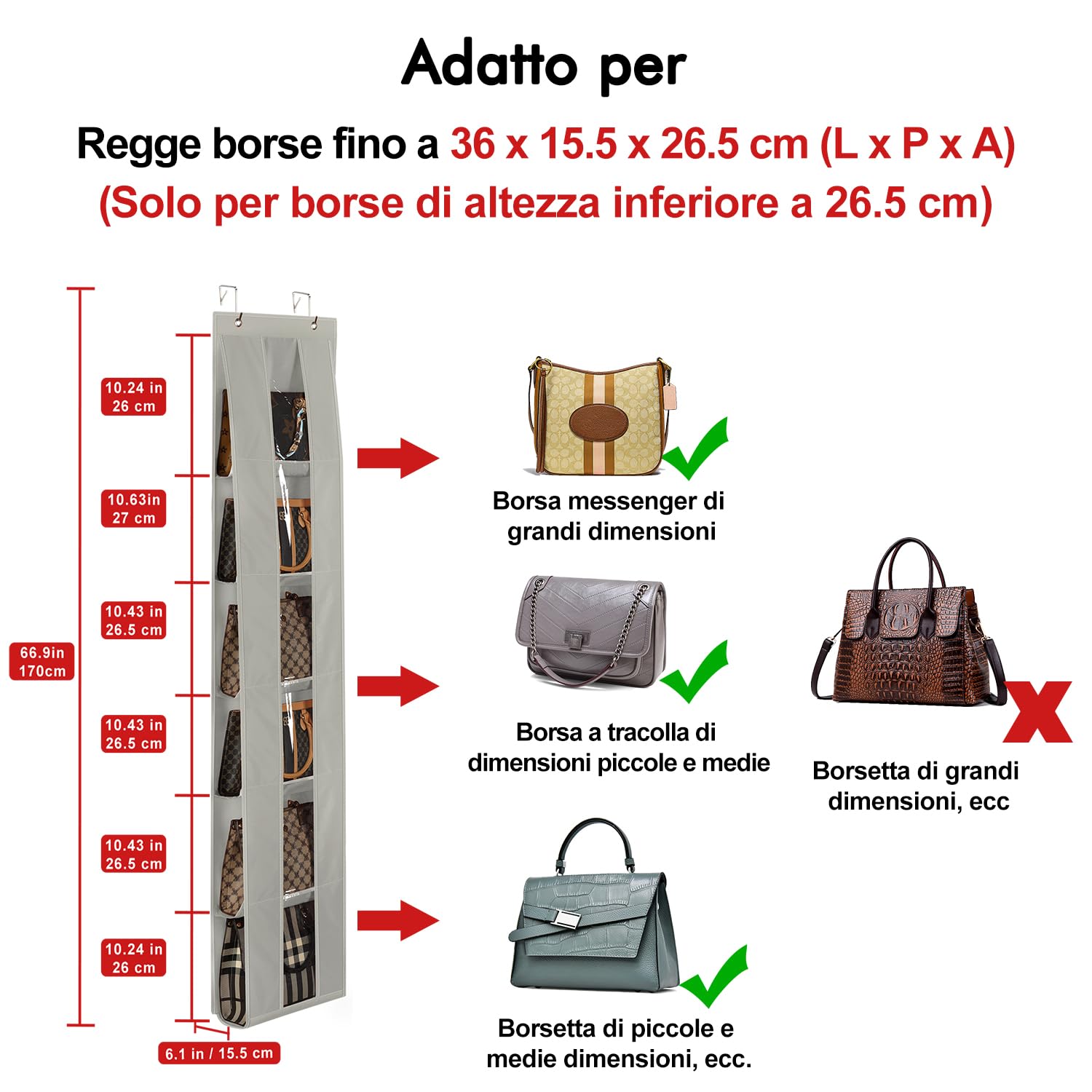 Lirex Organizer per Borse da Porta, Confezione da 2 con 6 Ripiani, Salvaspazio per Porta o Armadio, Per Stoccaggio e Organizzazione Borse, Appendiaborsa, Grigio