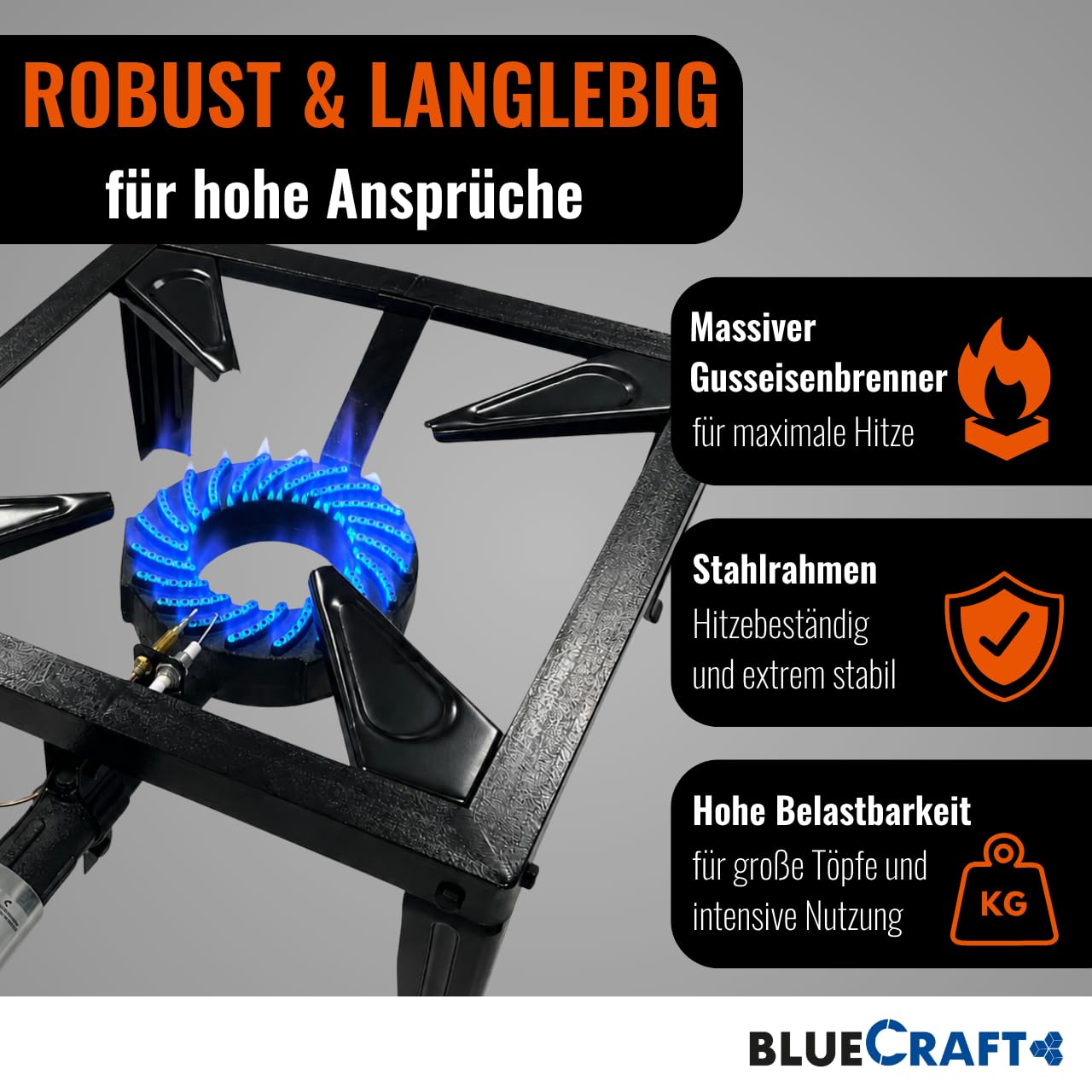 Bluecraft Hockerkocher Gas 10,5 KW Gaskocher + Gasschlauch & Regler 50mbar | Mit Zündsicherung & Piezozündung für Gasflasche - Campingkocher, Gasgrill, Gasbrenner, Gusseisen, Räucherofen, Wokbrenner