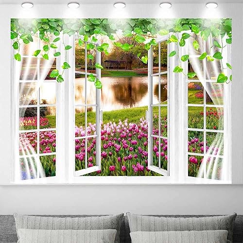 Miniatura 9 de Telón de fondo de campo de girasol, ventana, paisaje, granja, primavera, flores amarillas, cielo azul, fondo de poliéster de 5 x 3 pies para fotos,