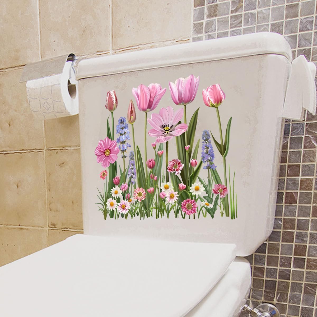 Pink Wildflower Toilet Lid Seat Cover Decal, Pinkish Tulip Floral Hyacinth Flower Bathroom Wall Sticker,Vinyl Removable Waterproof Wall Clings for Bathroom Bathtub Lavatory Washroom