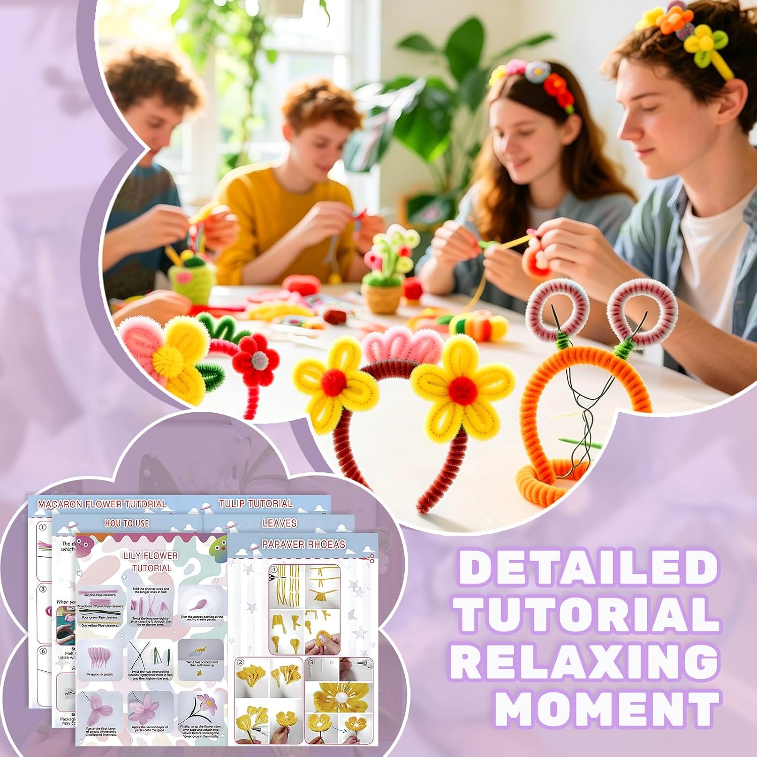 1200PCS Pipe Cleaners Craft, Pipe Cleaner Flower Kit with Instruction, 14 Colors Chenille Stems Flower Making Kit with Stamen, Tape, Floral Wrapping Paper and Ribbon for Arts DIY Craft Supplies
