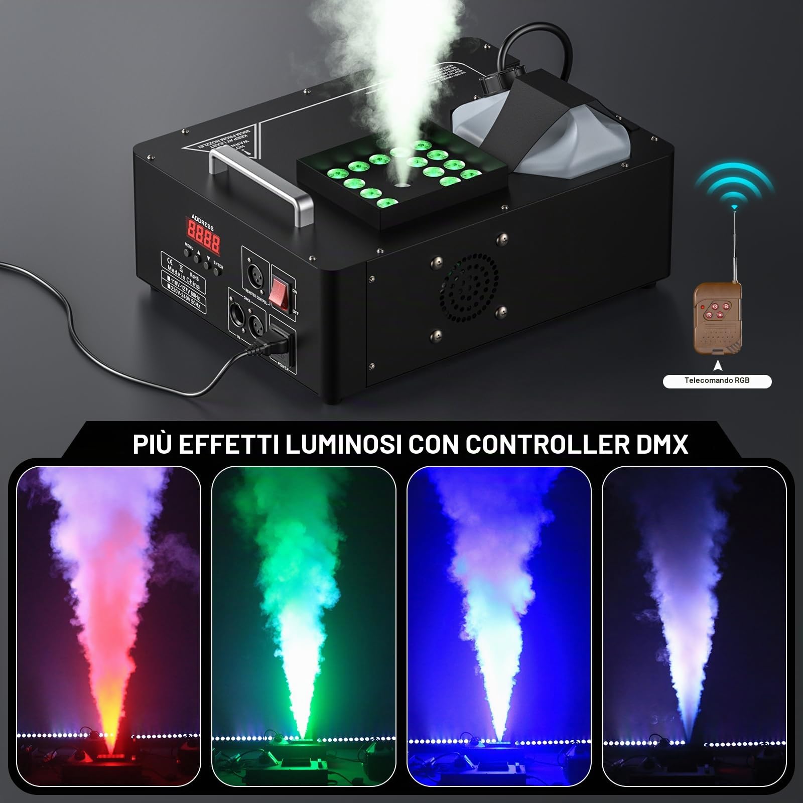 24 LED Macchina del Fumo Portatile, 1800W Macchine Fumo Discoteca Luci LED RGBW e Telecomando Wireless, Fog Machine per DJ Feste Nozze Halloween Natale e Effetti su Palco