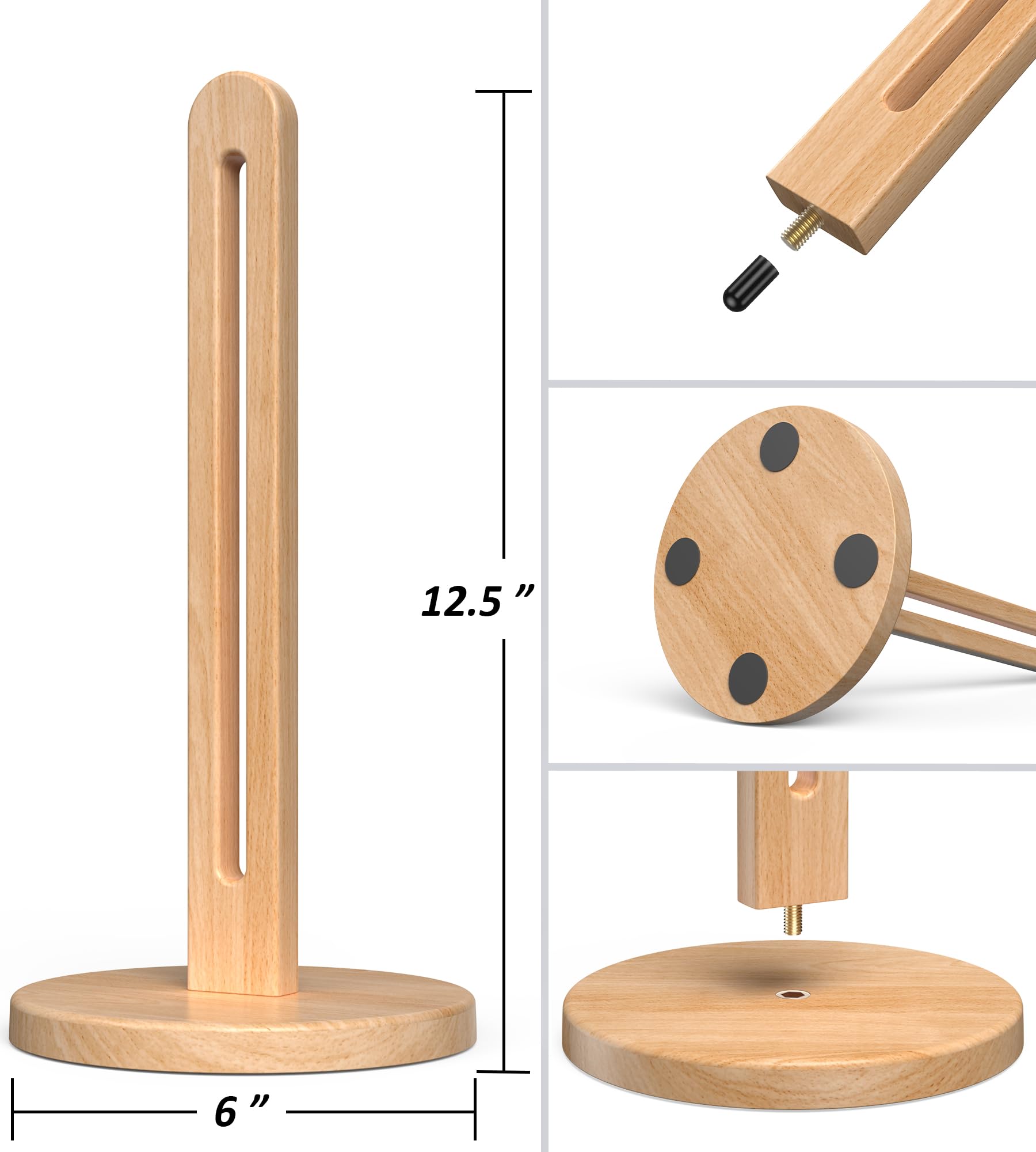 Soporte para toallas de papel de madera, se adapta a rollos gigantes, soporte dispensador de toallas de papel de madera de haya maciza con base antideslizante, 1 paquete 2