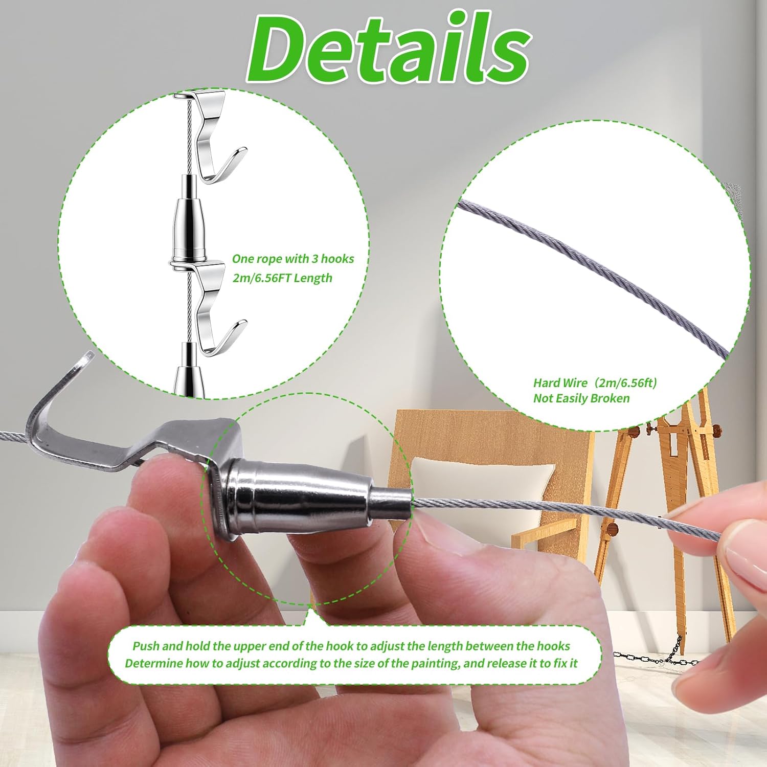 Adjustable Picture Hanging Wire Kit Picture Rail Hanging System Sturdy Gallery Display Rail Rope with 3 Hooks for Exhibition Art Gallery Frames Display (6.56 FT, 3 Hooks, 16)