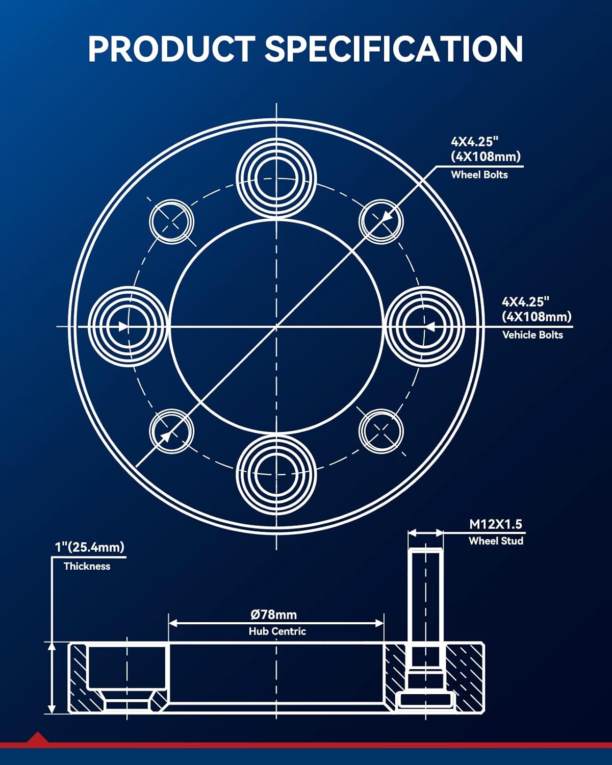 KAX 4x4.25 Wheel Spacers,1 inch 4 Lug Wheel Spacers fit for Focus, Fiesta, Contour, Cougar, Tempo, Mystique, Escort, Topaz, Lynx, EXP, with M12x1.5 Studs 78mm Hub Bore,2Pcs