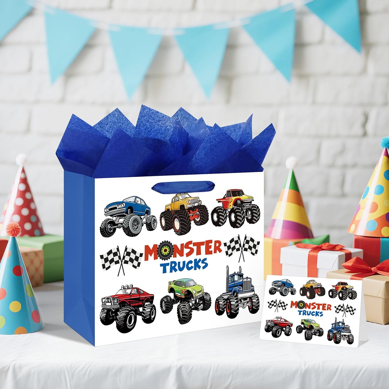 Laidans 13" Large Happy Birthday Gift Bag with Tissue Paper and Card for Kids Baby Boys Birthday (Monster Trucks Design) (Large Blue)