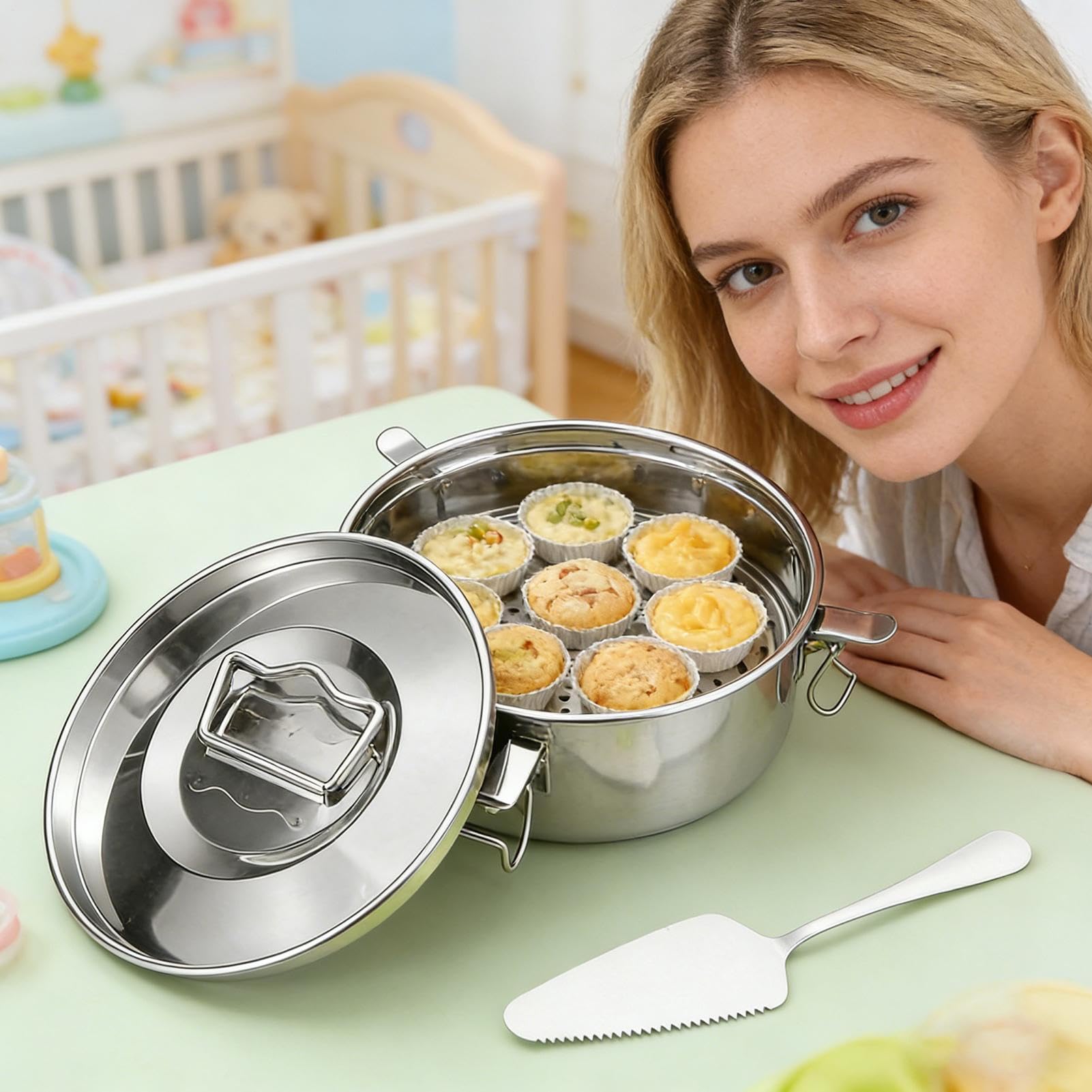 Olla de vapor de acero inoxidable – Vaporera de acero inoxidable – Utensilios de cocina antiadherentes a prueba de óxido | Moldes de inserción con tapa | para albóndigas de verduras