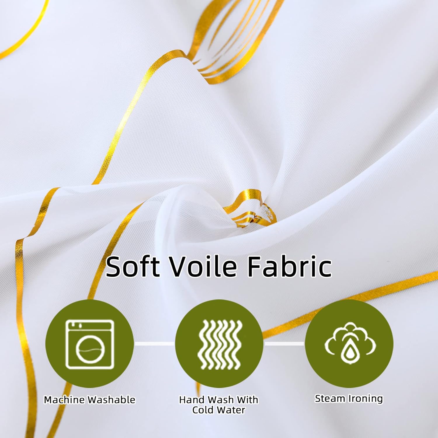 youleyar Gold Foil Print Voile Sheer Curtains,Wicker Grommet Top Window Drapes 72 Inches Long, Luxury Metallic Bronzing Treatment Panels for Home Window Decoration, 2 Panels
