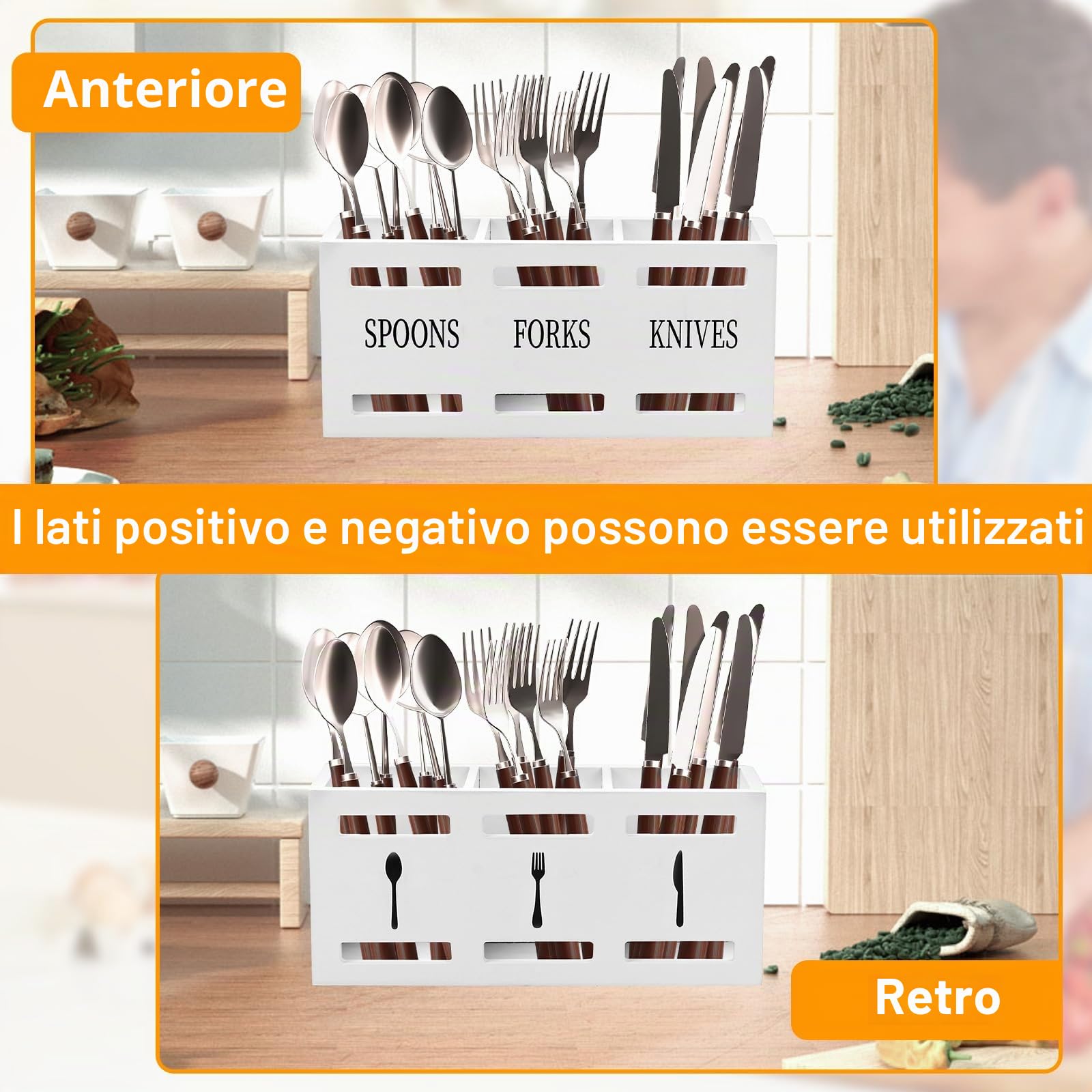 GAESHOW Portautensili da Cucina in Legno a 3 Scomparti, Porta Utensili Da Cucina, Organizer per Utensili, Portautensili per Cucchiaio Forchetta Bacchette, 25,5 X 8,7 X 11 cm (Bianco)
