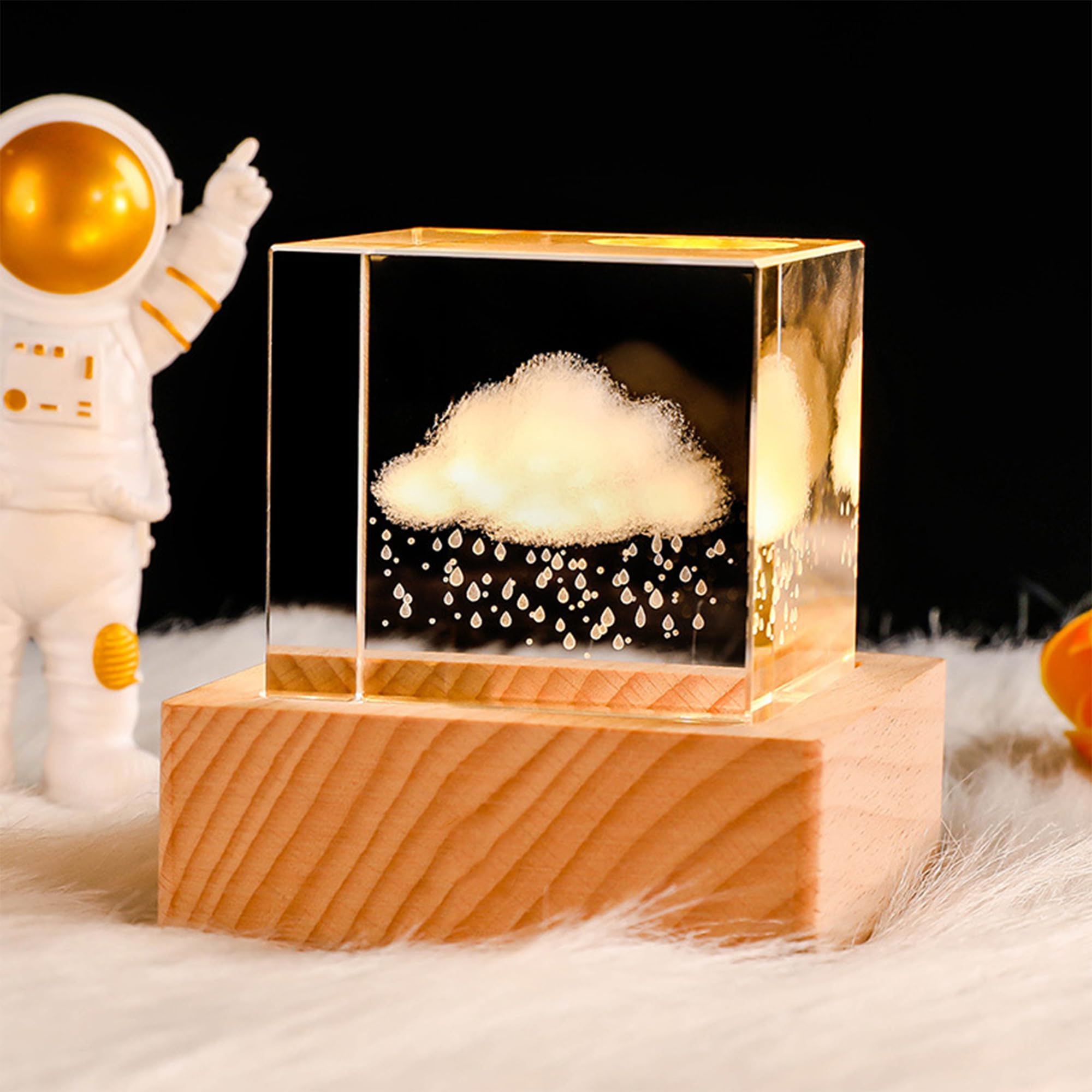 Kliffoo 3D Rainy Cloud Crystal Cube Night Light with USB LED Warm Light Wood Base,Paperweight Rainy Cloud Crystal Cube Engraved Bedroom Decorative Crystal Table Lamp for Home Desk Office(Rainy Cloud)