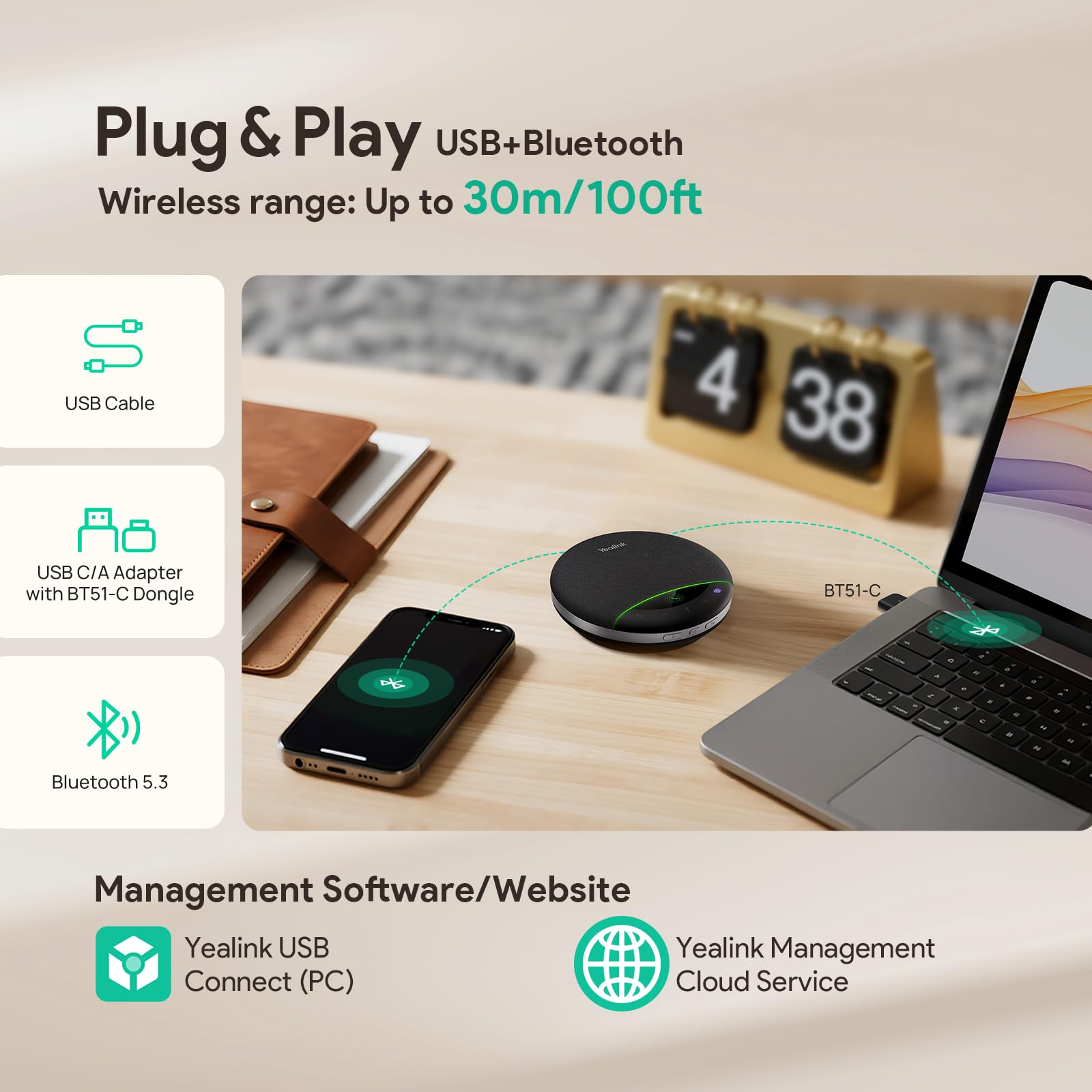 Yealink SP96 Altoparlante Bluetooth per conferenze, altoparlante wireless portatile con portata di 30 m, 6 microfoni ANC, 26 ore di autonomia in conversazione, microfono per conferenze per 12 persone