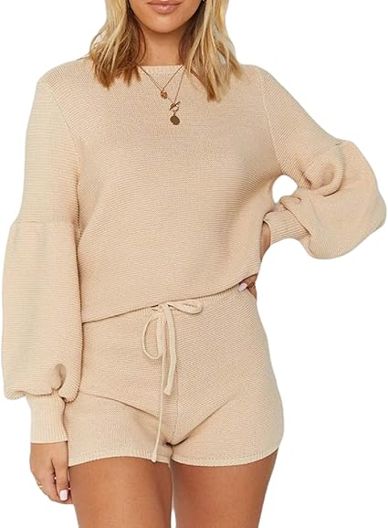 BBkewllclo Women's Sweatshirt and Shorts Set Long Puff Sleeve Sweater Drawstring Shorts Knit 
