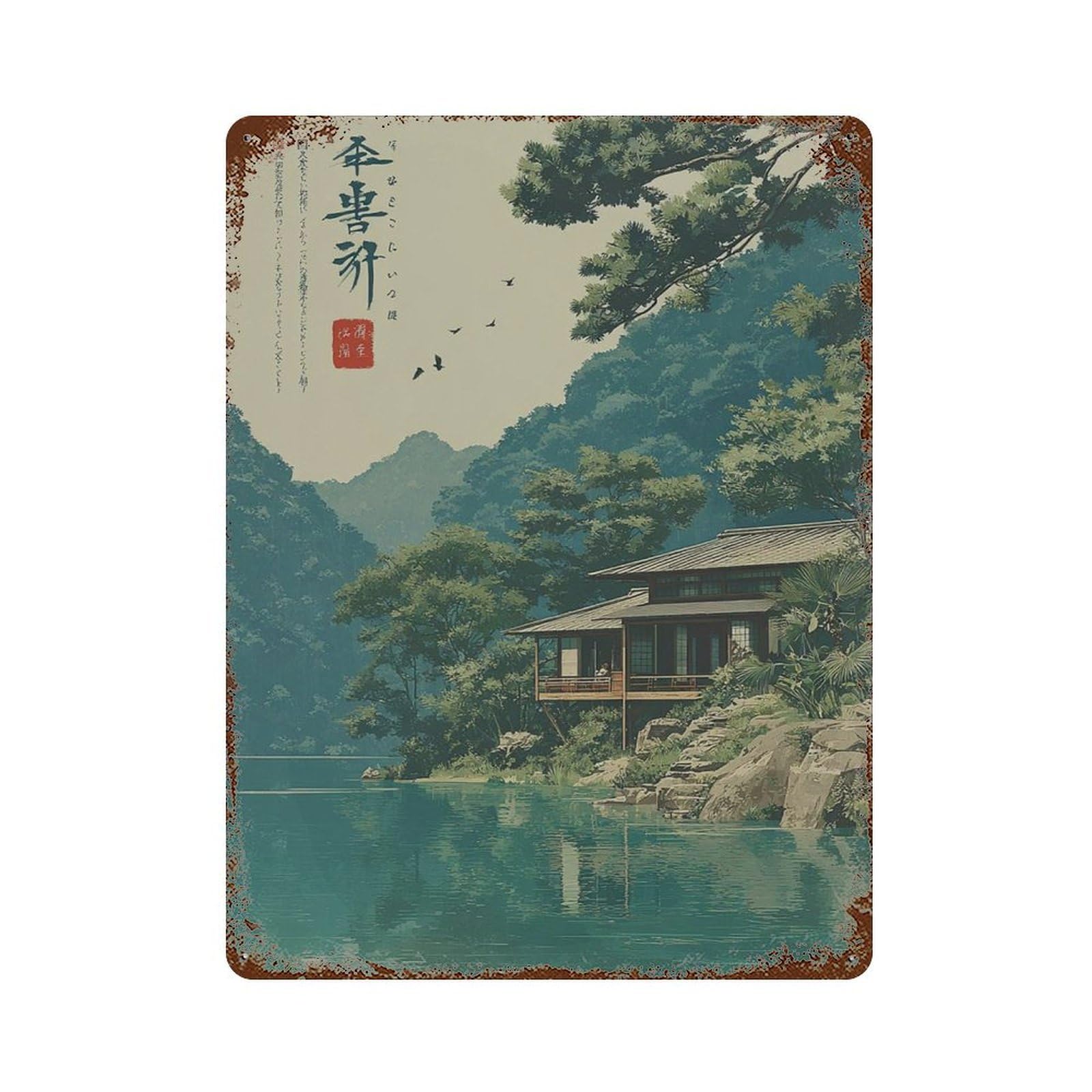 xiaoxiaoshen Japanese Lakeside House Tranquil Nature Landscape Wall Decor Art Metal Tin Poster Modern Home Decor Art Home Bar Shop Decorations Vintage Sign 40x30cm