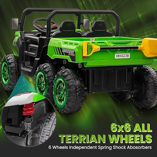 Miniatura 5 de Camión volquete de 24 V 4WD 6x6 para niños con cama volquete eléctrica, auto de juguetes UTV alimentado por batería de 2 plazas con control remoto