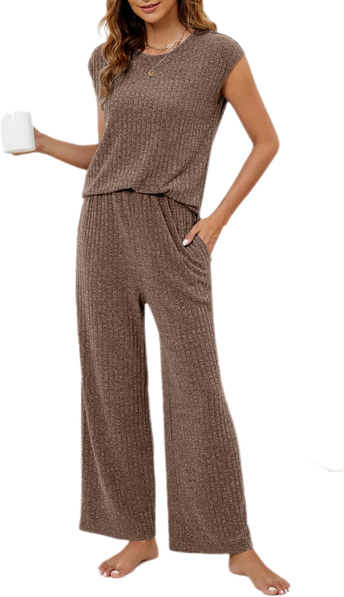 JUSTFASHIONNOWWomen's Cap Sleeve 2 Piece Pajama and Lounge Set Sleeveless High Low Top Elastic Waisted Wide Leg Pants Sets