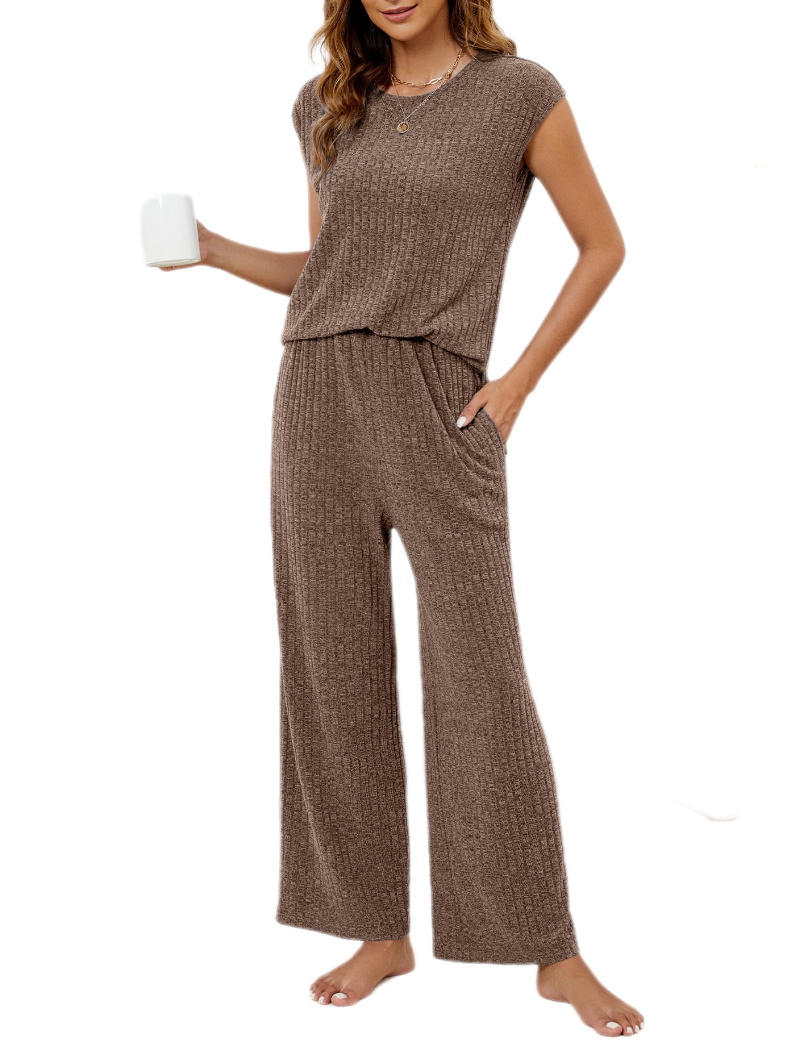 JUSTFASHIONNOWWomen's Cap Sleeve 2 Piece Pajama and Lounge Set Sleeveless High Low Top Elastic Waisted Wide Leg Pants Sets