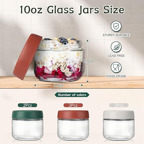 Miniatura 2 de DIMBRAH Tarros de vidrio de 10 onzas con tapas, juego de 6, recipientes de avena con tapas, práctico recipiente de avena para llevar, tarros de