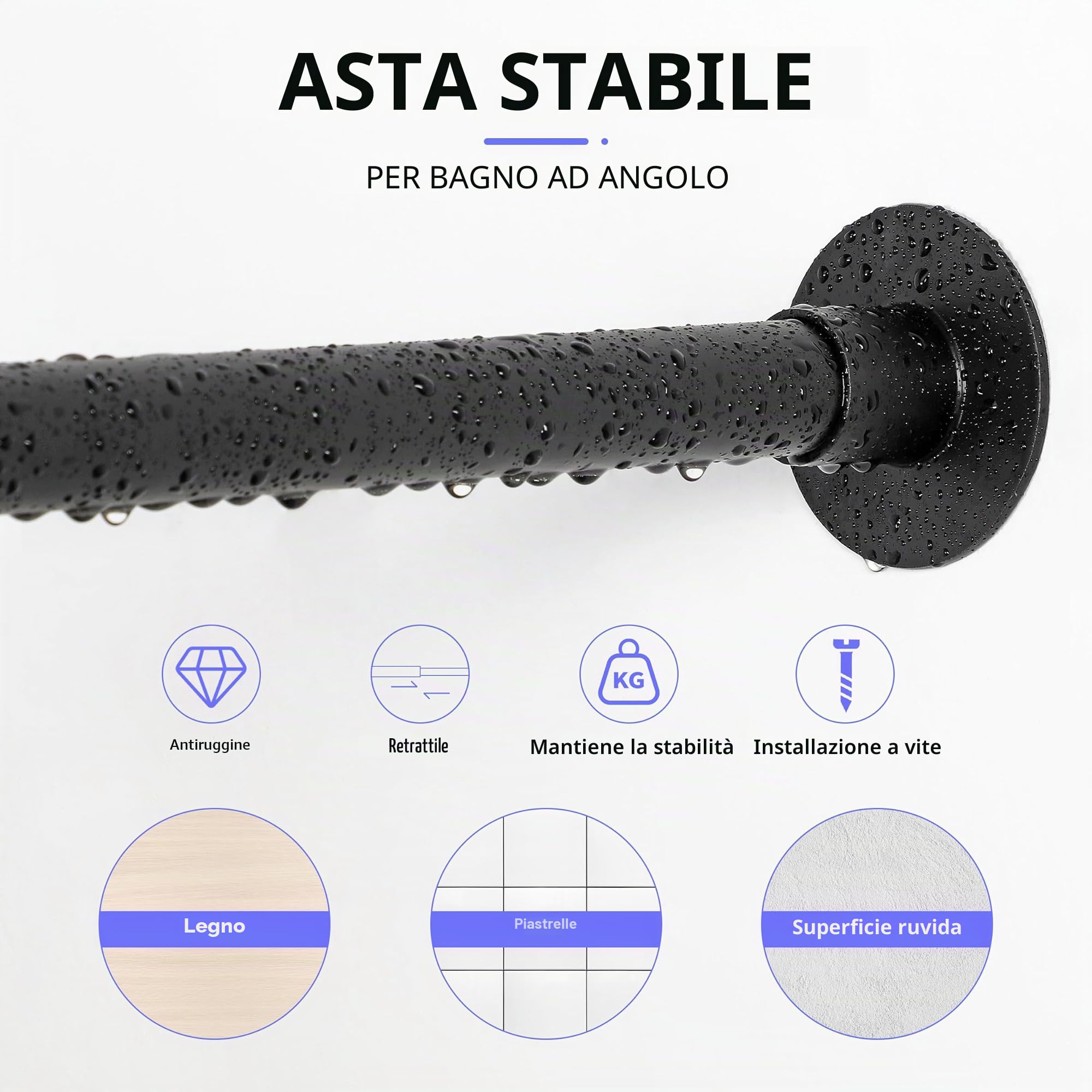 Bastone Tenda Doccia Angolare, Asta Tenda Doccia Regolabile 62-94x141-174 cm, Bastone Doccia in Acciaio Inossidabile, Vasca da bagno e doccia, con 16 Anelli per Tenda da Doccia