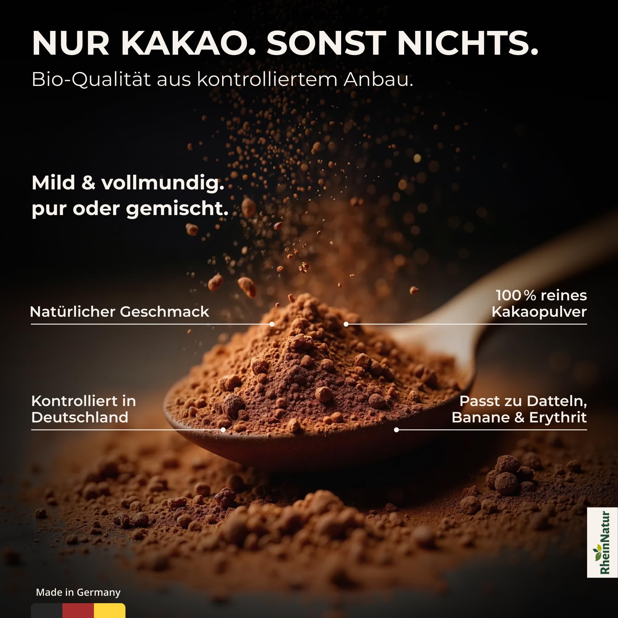 RheinNatur Bio Kakaopulver 1 kg - 100% reiner Kakao in Bio-Qualität, ungesüßt & ohne Zusatzstoffe - Ideal zum Backen, für heiße Schokolade & Smoothies - 1000 g Beutel