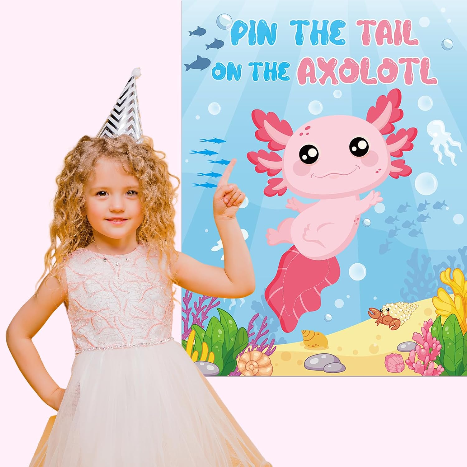Pin The Tail On The Axolotl Party Game Large Posters with 40 Tail Stickers Axolotl Themed Birthday Decoration Sticker Game for Fiesta Party Games Birthday Family Classroom Activities
