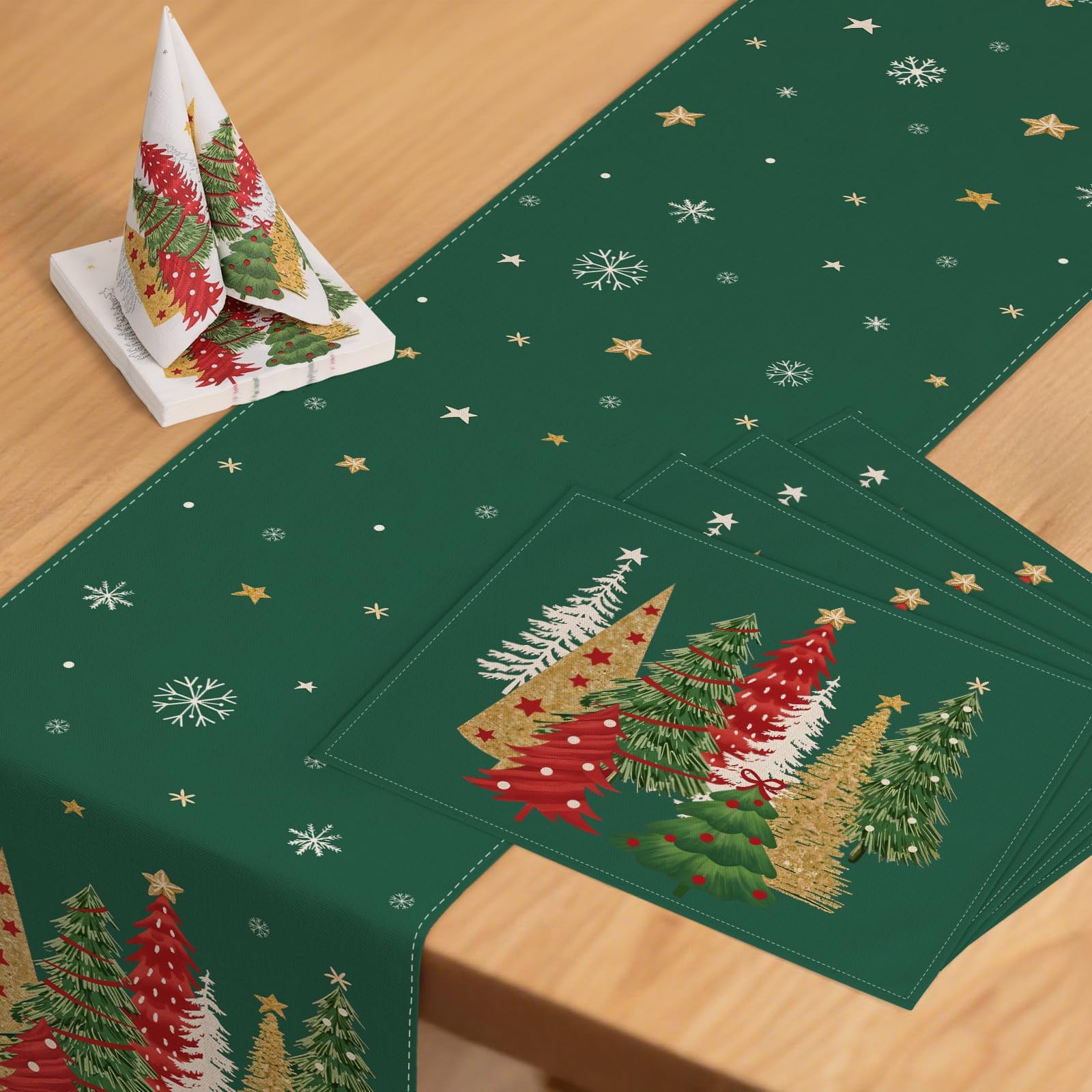 ZWJD Christmas Table Decoration Set, 1 x Table Runner (40 x 140 cm), 4 x Placemats & 1 x Pack of Paper Napkins (20 sheets)