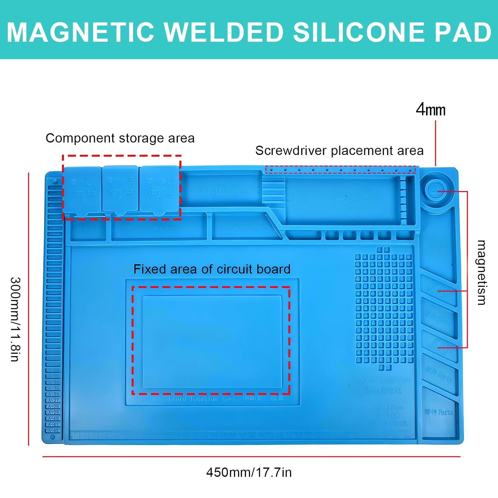 Kaisi S-140 Tappetino Magnetico Per Saldatura In Silicone, Isolante Termico Fino A 500°C, Con Righello E Viti, 116 Posizioni, Per Elettronica E Telefoni