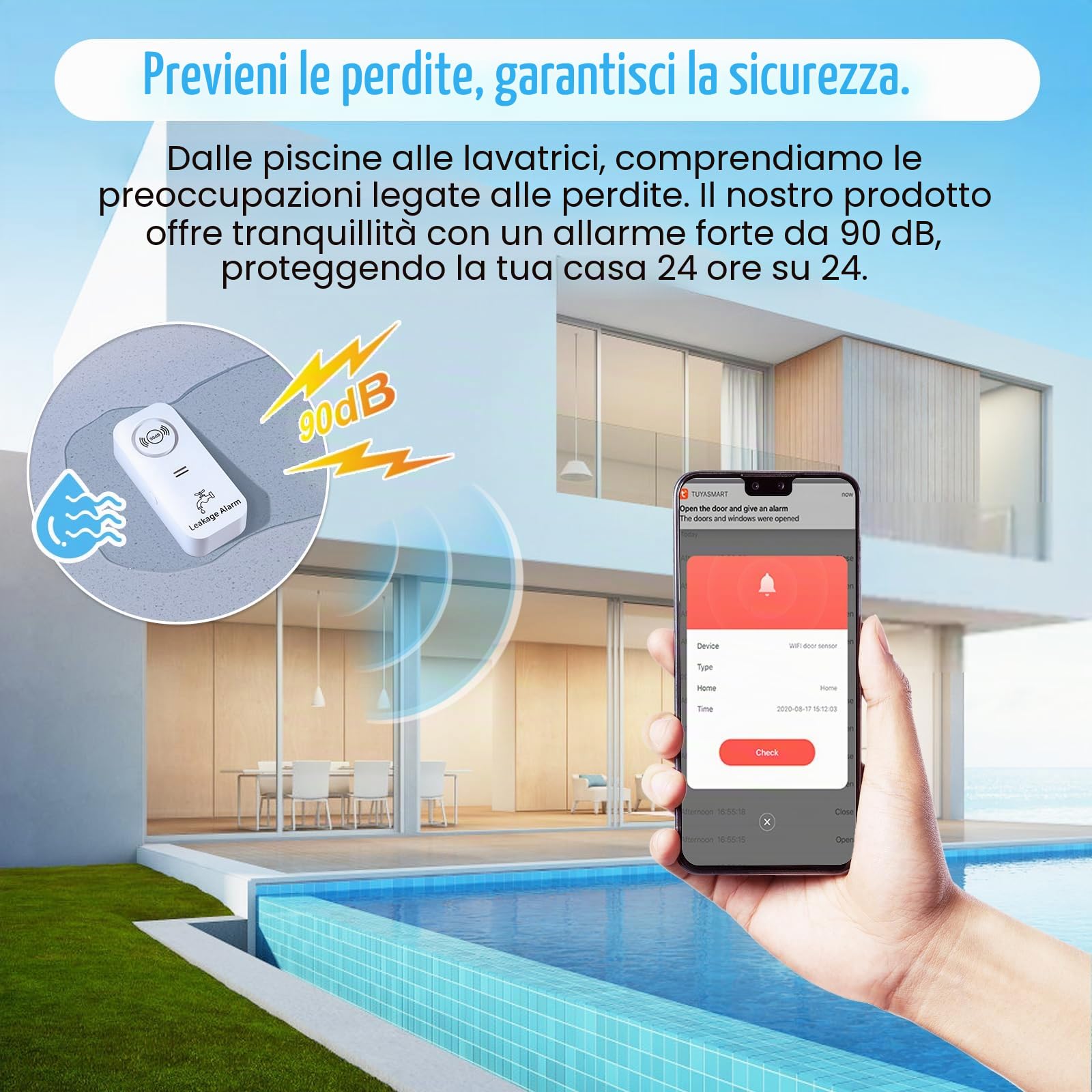 Wassermelder WLAN(2,4 G WiFi), 90 dB Wassersensor Alarm und App Alarm, kabelloser Wasseralarm, WiFi Wassermelder Wasseralarm für Rohre, Schlafzimmer, Küche, Badezimmer, Keller (5er-Pack)