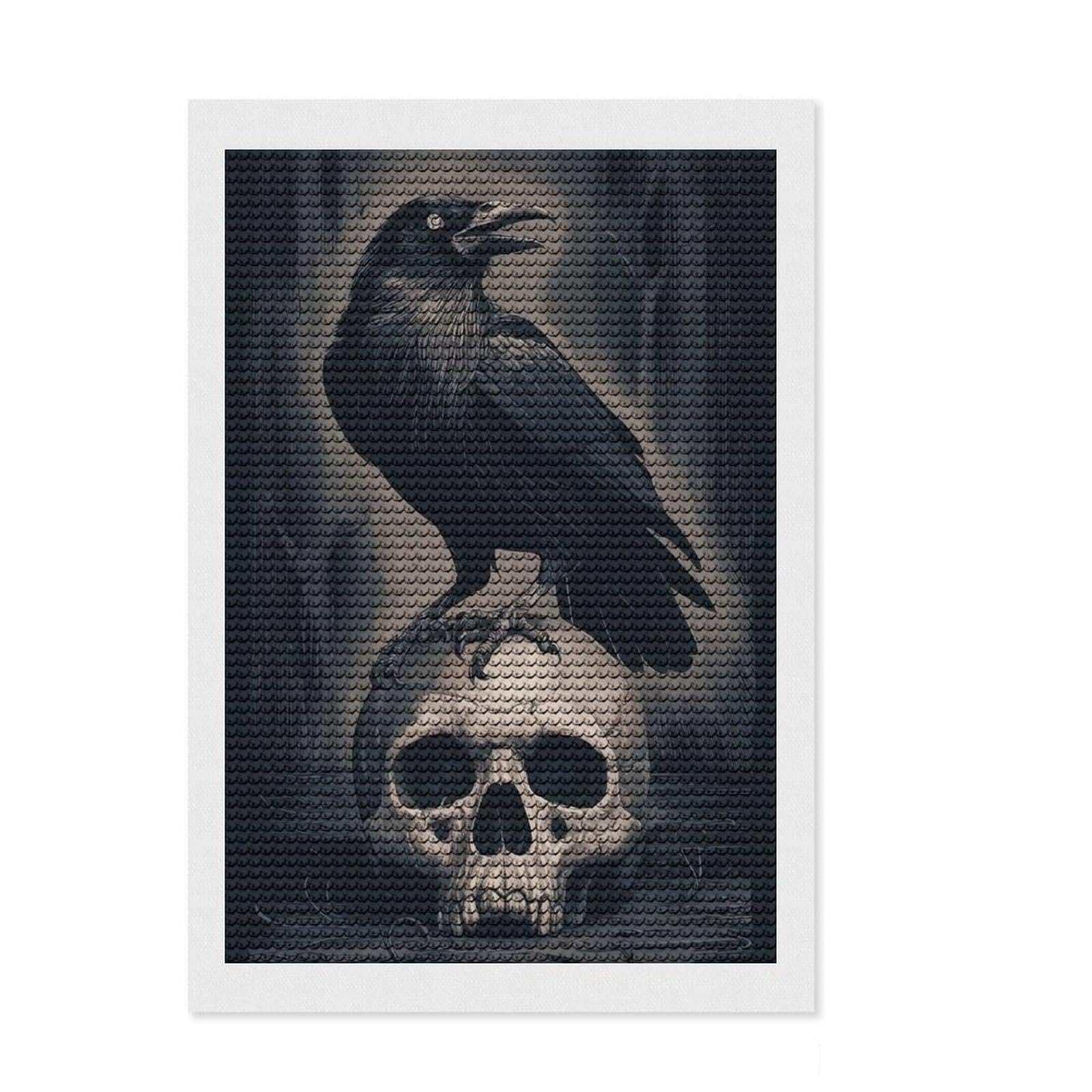 Junmoney Raven on Skull DIY Diamond Art Canvas Kit 8"x12", Bedroom Decor, for Craft Lovers, Full Kit Included, Thoughtful Handmade Gift