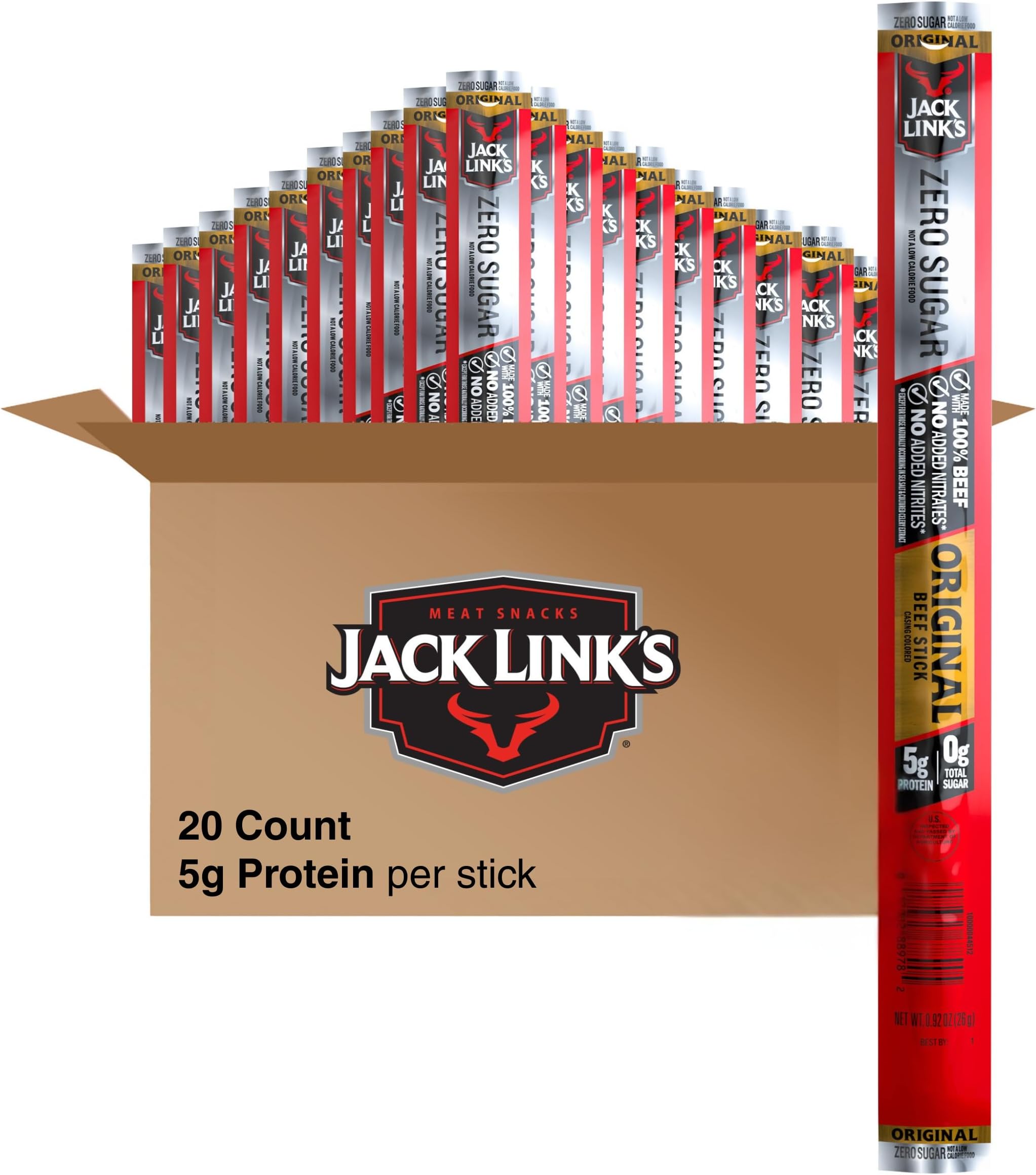 Jack Link's Original Zero Sugar Beef Sticks - (20 Pack) 0.92 oz Meat Sticks - Ready to Eat Protein Snacks - 5g Protein per Serving - Made with 100% Real Beef