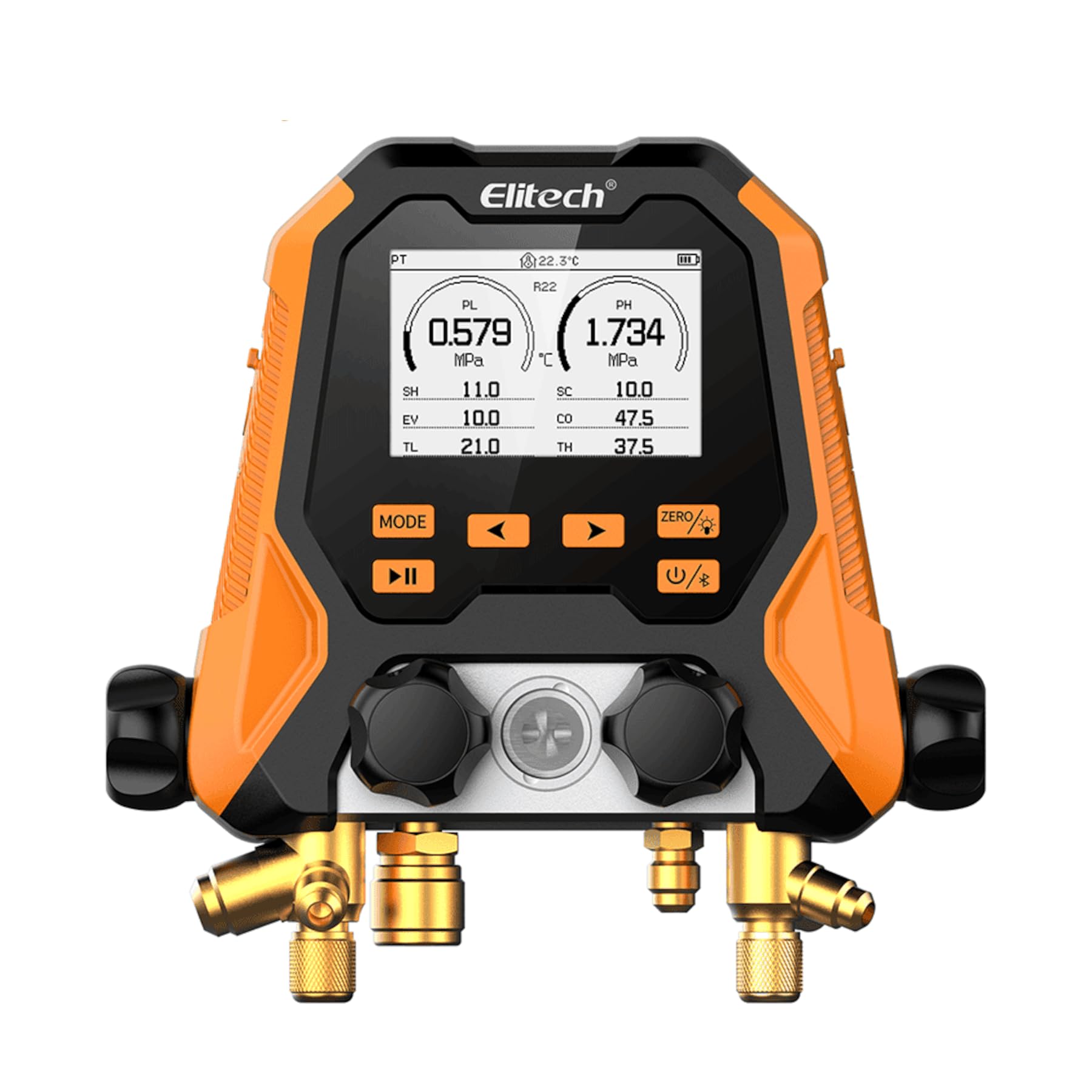 Elitech MS-870S Manometro Digitale Smart a 4 Vie, Gruppo Manometrico Bluetooth per Condizionamento, 140+ Refrigeranti, Kit Misurazione Temperatura/Pressione/Vuoto con Tubi e Pinze in Valigetta