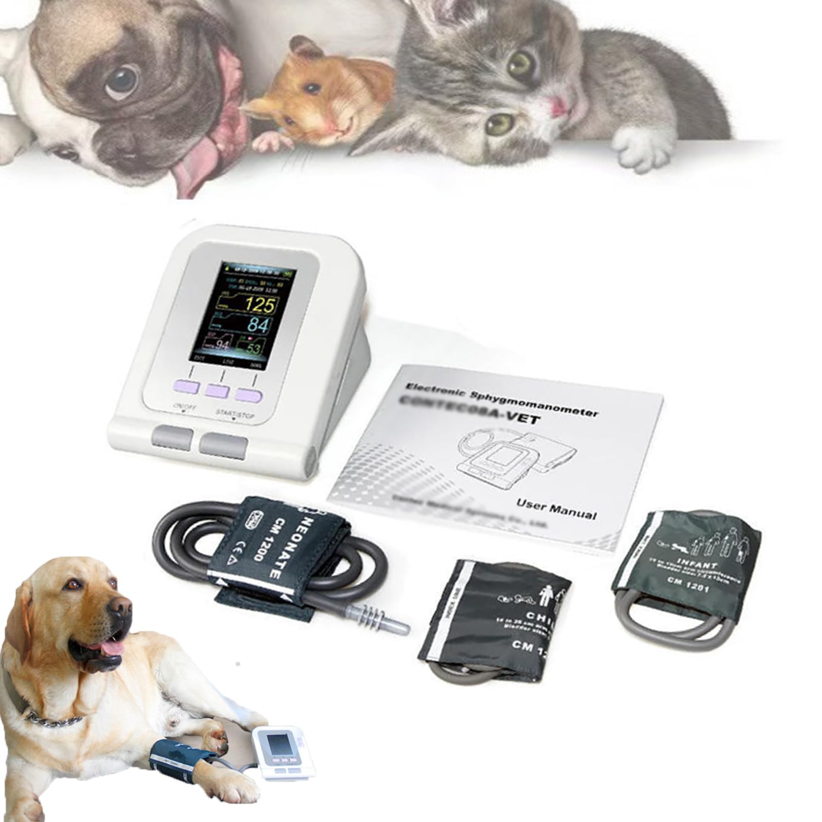 Veterinär Digitales Blutdruckmessgerät, 3 Modi, 3 Manschetten Mit Blutsauerstoffmessung, 100 Gruppen Datenspeicherung, HD-Farb-LCD-Display, BP-Abnormalitätswarnung, Für Hunde, Katzen, Haustiere