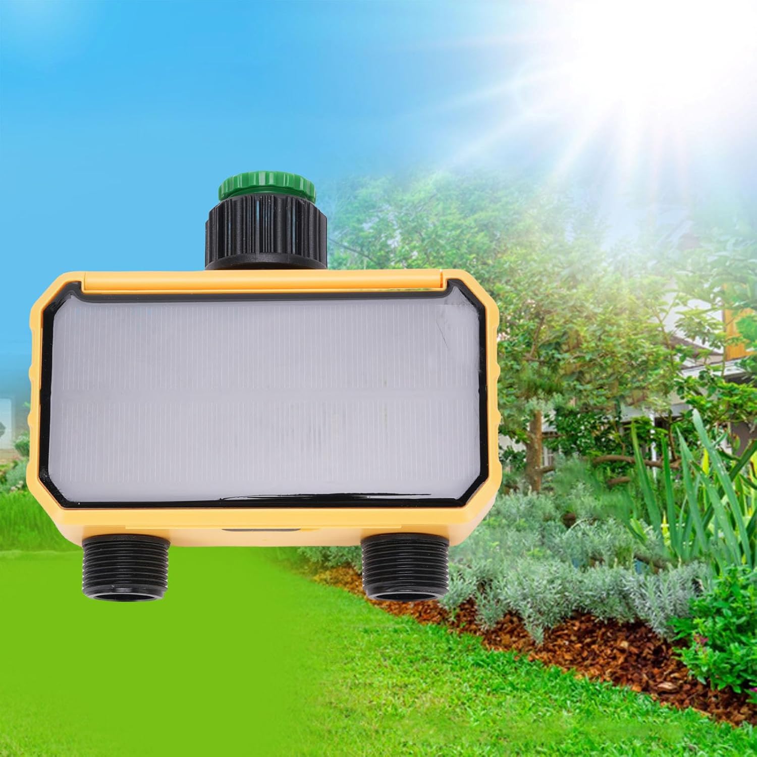 WiFi Smart Solar Sprinkler Timer, Rechargeable Water Timer with Rain Delay, Manual & Automatic Watering System for Garden Hose Faucet Yard Lawn Pool, 2 Outlet