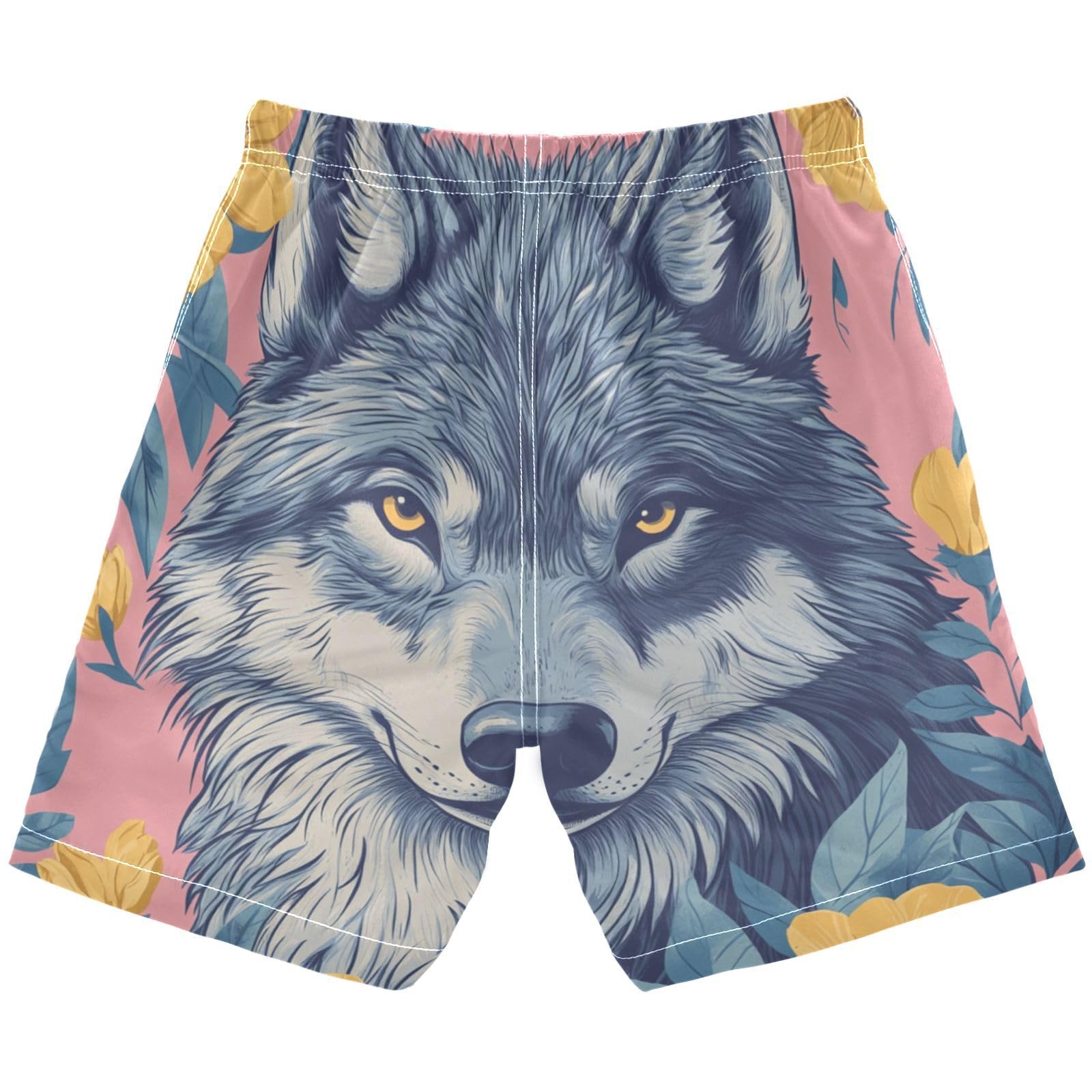 Jucciaco Boys Beach Board Shorts Wolf Flower Cartoon Swim Trunk Teen Swimwear