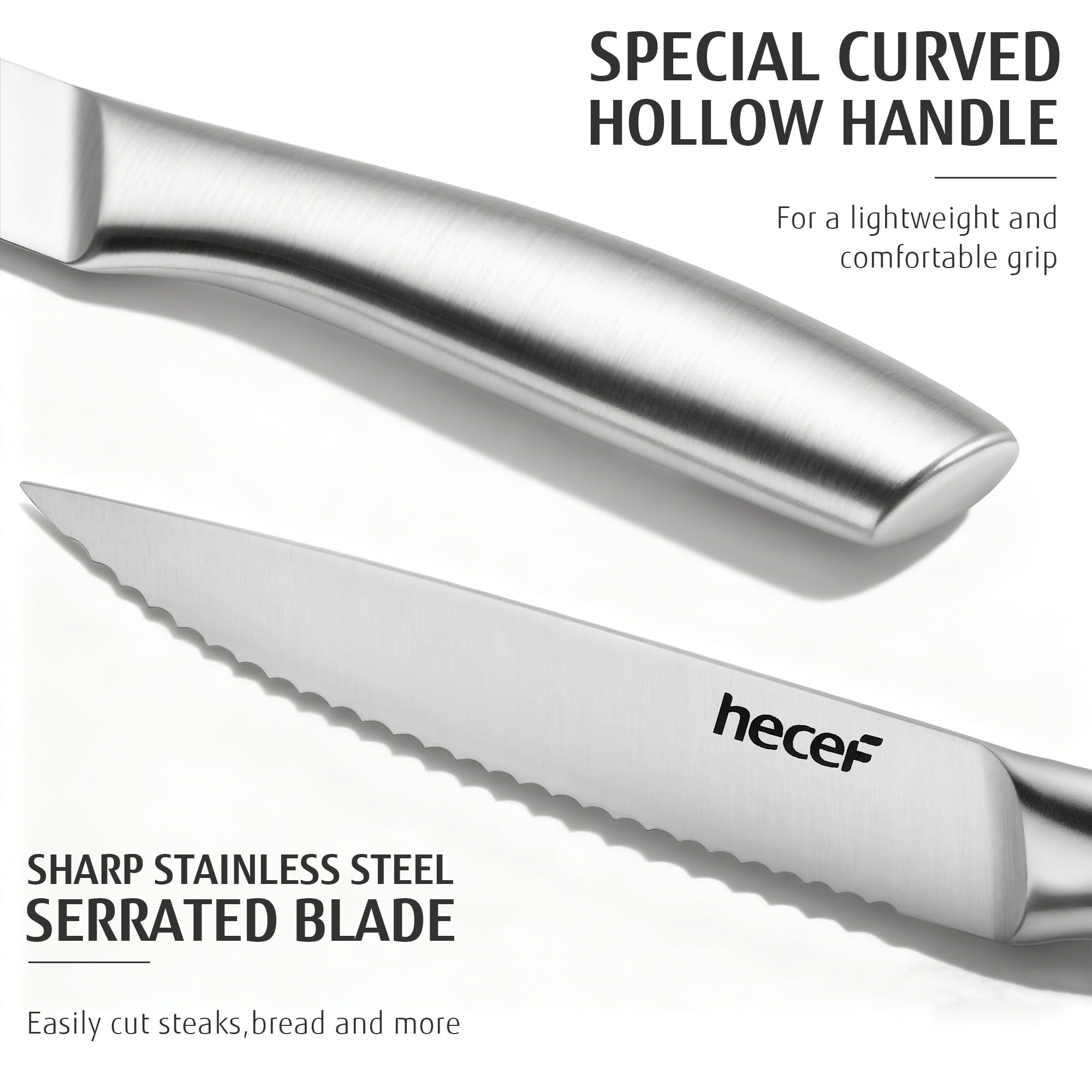 hecef coltelli da bistecca, set da 6 pezzi di coltelli da tavola affilati con lama seghettata e manico cavo ergonomico, coltello da carne in acciaio inox per bistecca e pane, 12,7 cm, argento