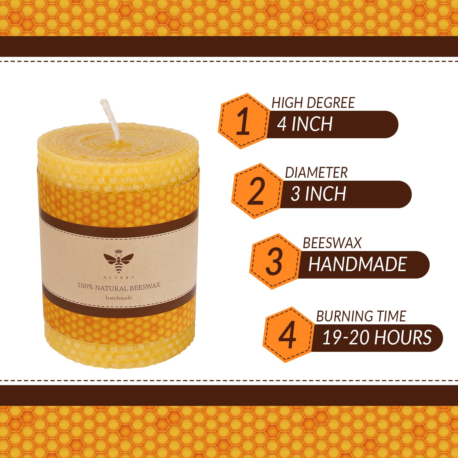 Vela de cera de abeja, hecha a mano, vela enrollada de cera de abeja pura para regalo y decoración del hogar (3 x 4 pulgadas)