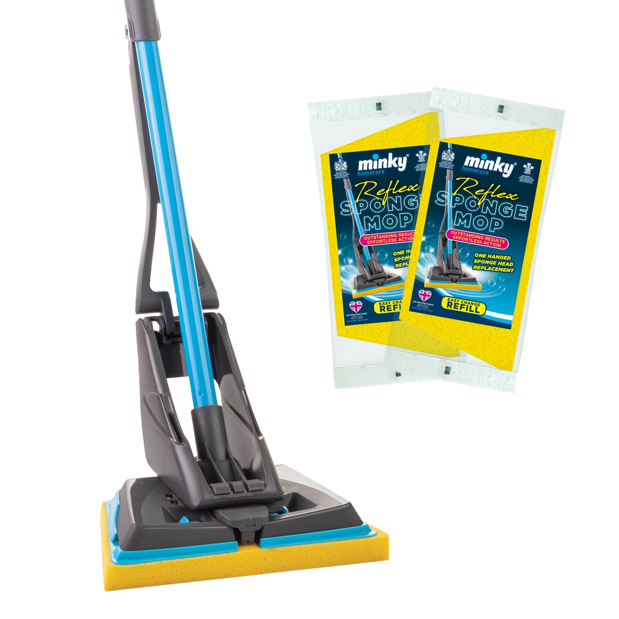 Minky Reflex Mop with 2 Refills, Super Absorbent & Long-Lasting Sponge, Deep Clean Sponge Mop for Floor Cleaning, Powerful Wringing Action, Durable & Long-Lasting