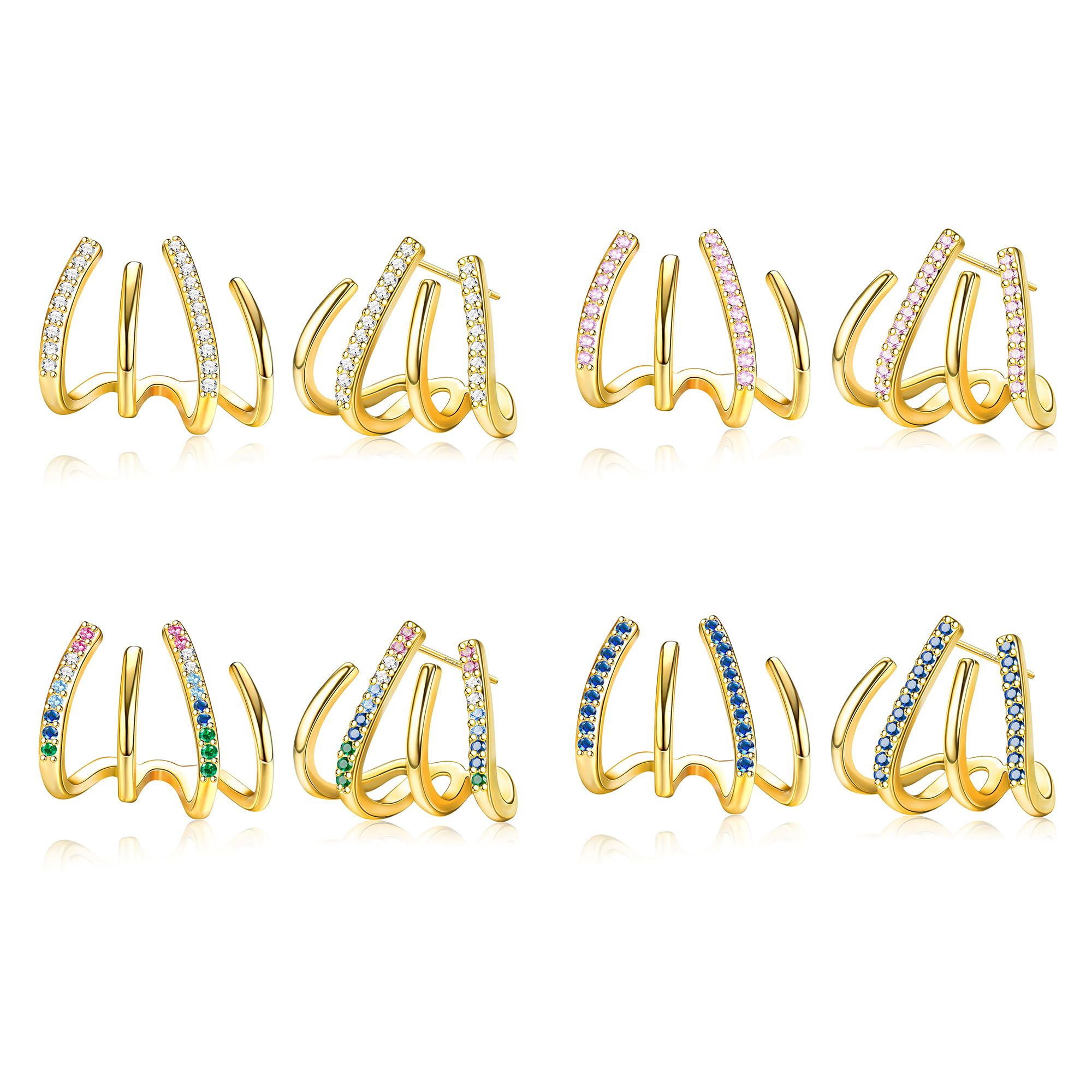 CASSIECA 4 Pares Pendientes Garra Plata de ley 925 para Mujer Flor Zircon Aguja Puños Oreja Pendientes Botón Minimalista Huggie Ear Wrap Piercing Pendientes 14K Chapado en Oro/Plata