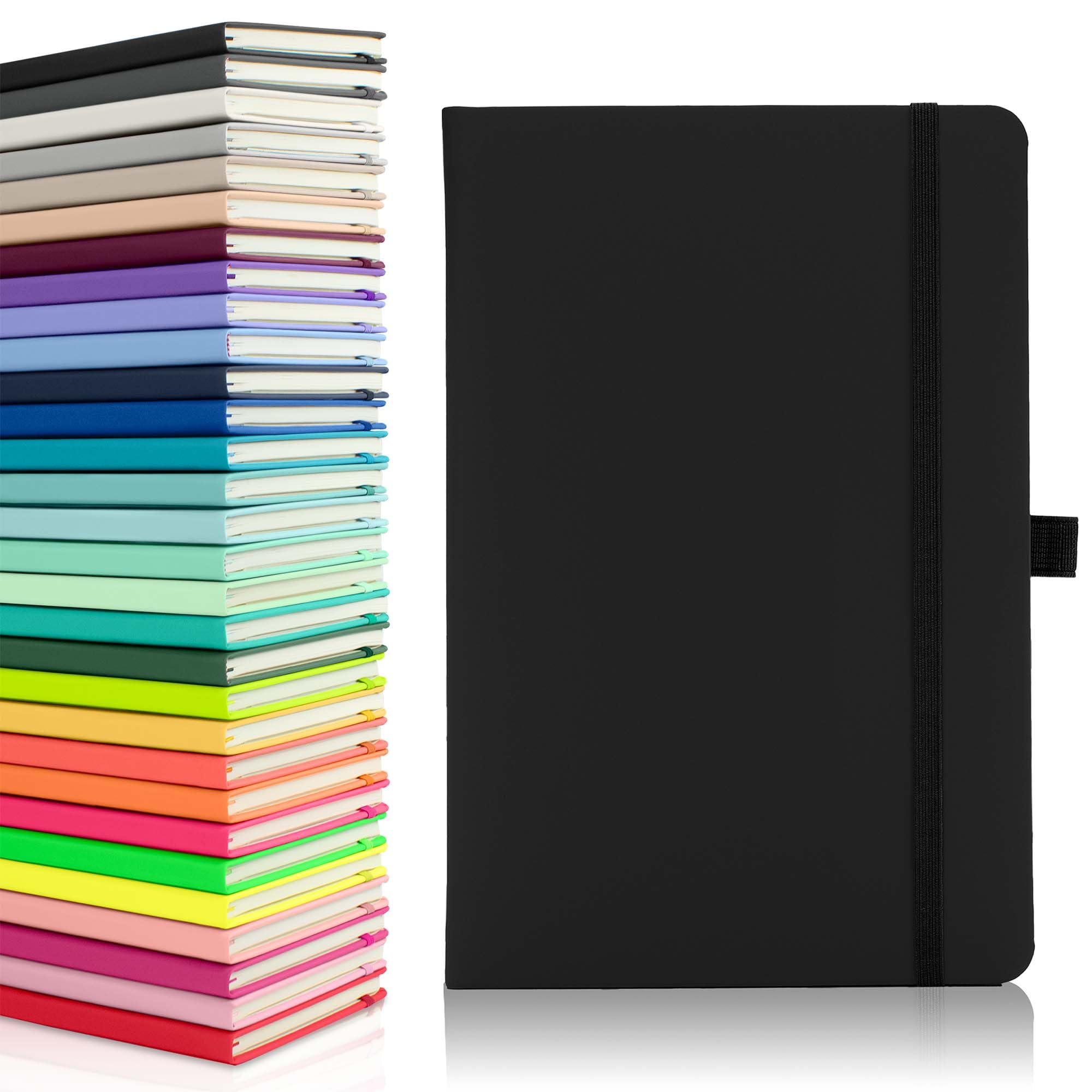 Notes London Eco A5 Notebook with Lined Pages, Pen Loop, Ribbon, Date Marks and Paper Pocket, Medium Hardback Journal, Note, sustainably sourced paper (Black)