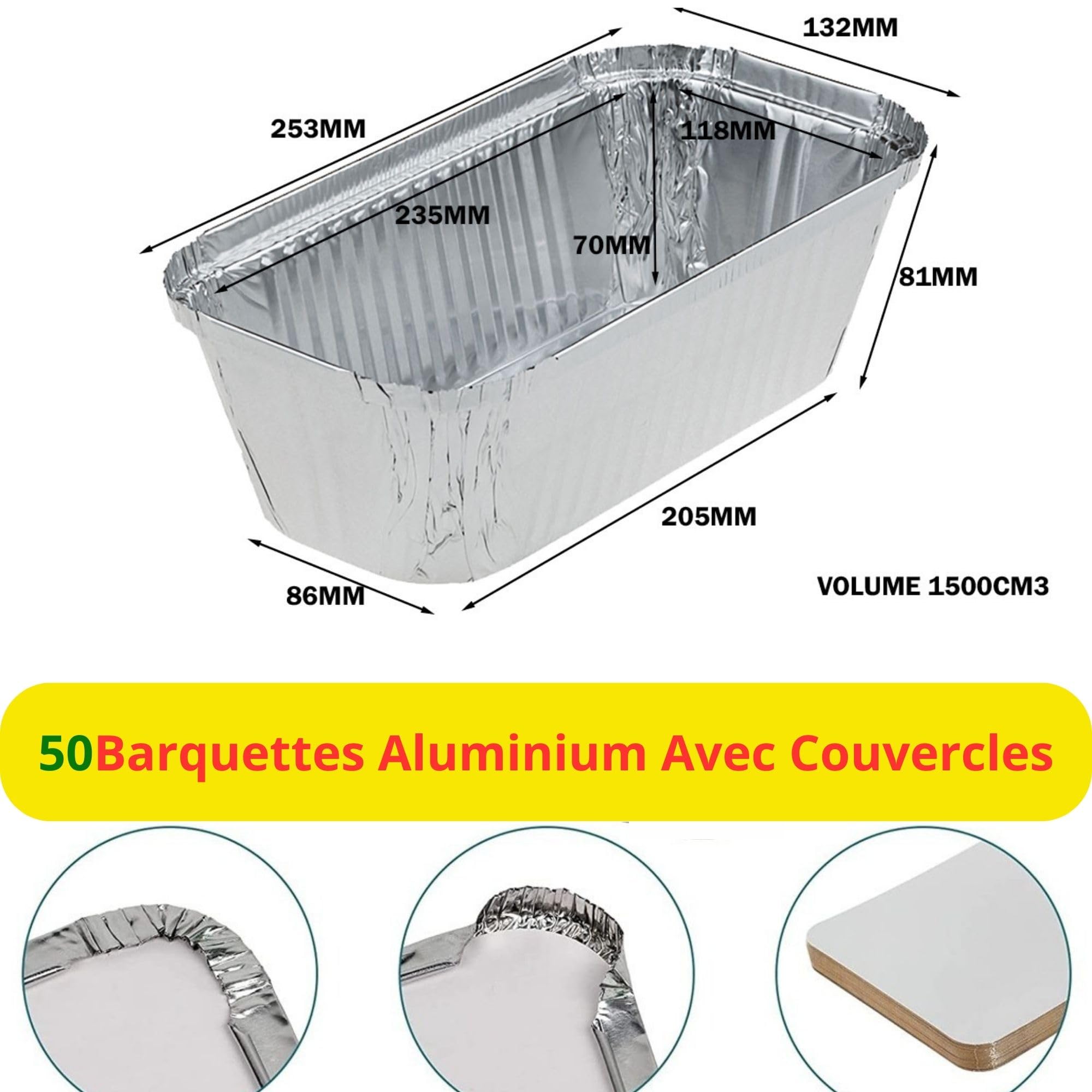 Aluminiumschalen mit Kartondeckel, 1500 ml, 50 Stück, Einweg-Lebensmittelbehälter, geeignet zum Backen, Grillen, Einfrieren, Konservieren von Lebensmitteln