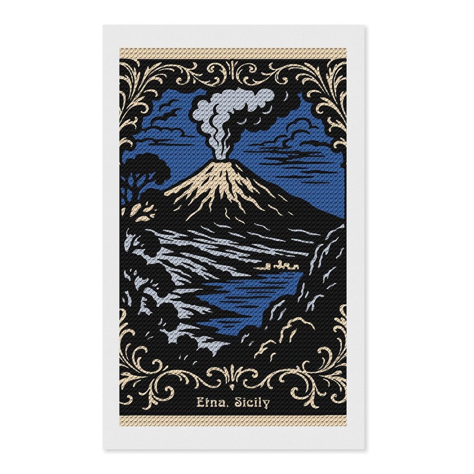Junmoney Etna, Sicily Volcanic Landscape Art DIY Diamond Art Canvas Kit 12"x20", Winter Craft, Mindful Craft Project, Aesthetic Room Decor, Decor Project