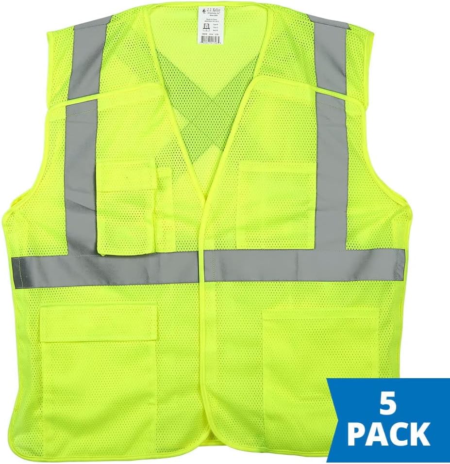 J. J. Keller & Associates, Inc. 5 Pack, 5-Point Breakaway Safety Vest, Hook & Loop, Type R Class 2, SAFEGEAR